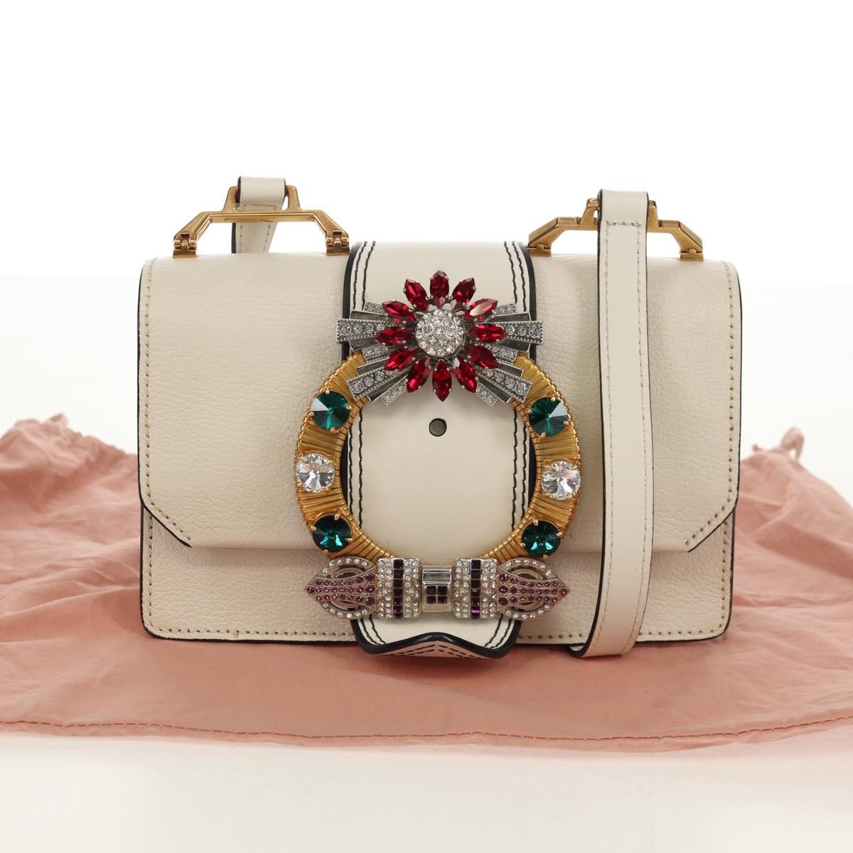 Miu Miu Mew Lady Shoulder Bag Leather White Gold Auth 154916V