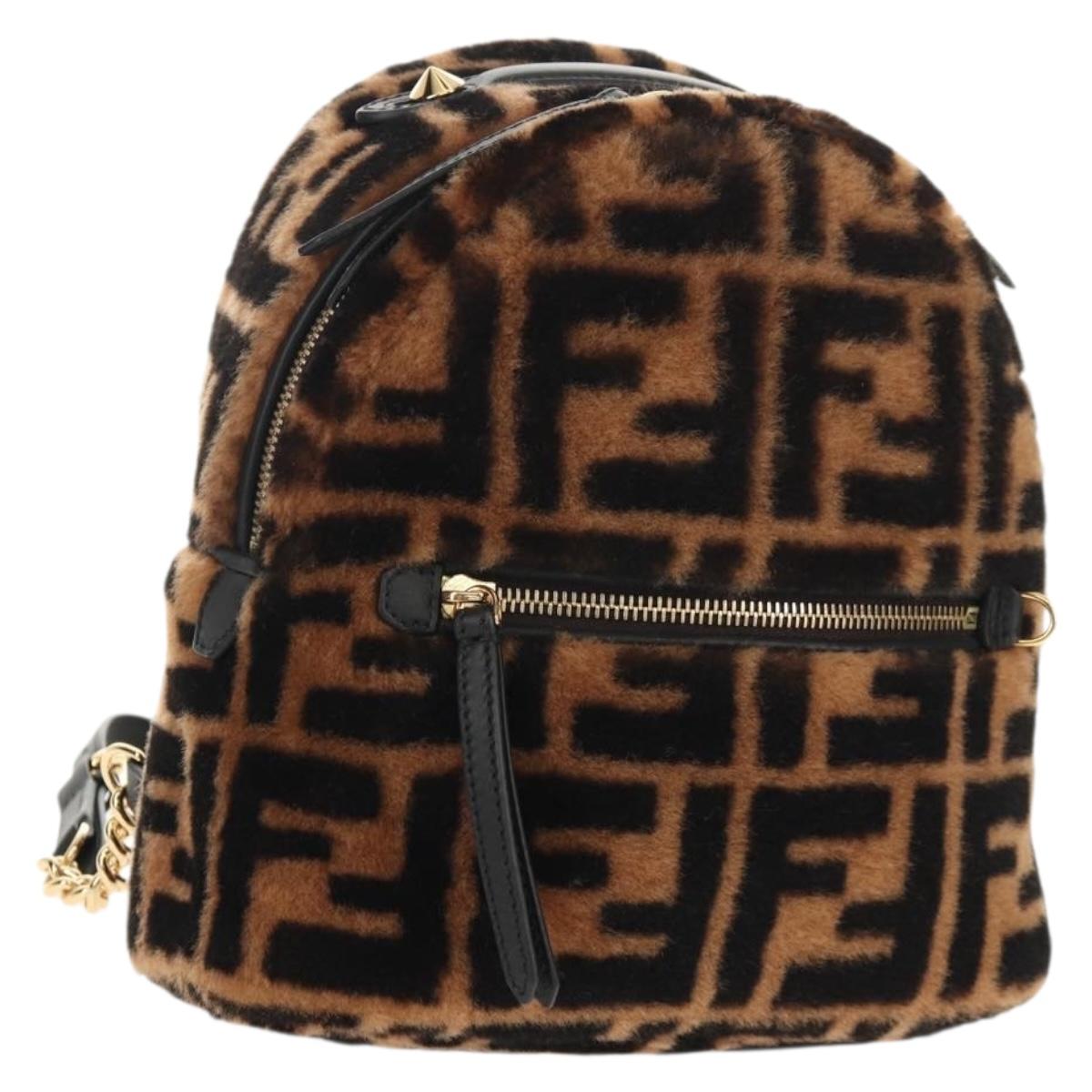FENDI Zucca Canvas Zainomini Backpack Brown Black gold Auth 154921SAM