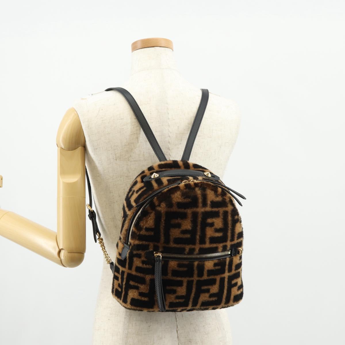 FENDI Zucca Canvas Zainomini Backpack Brown Black gold Auth 154921SAM