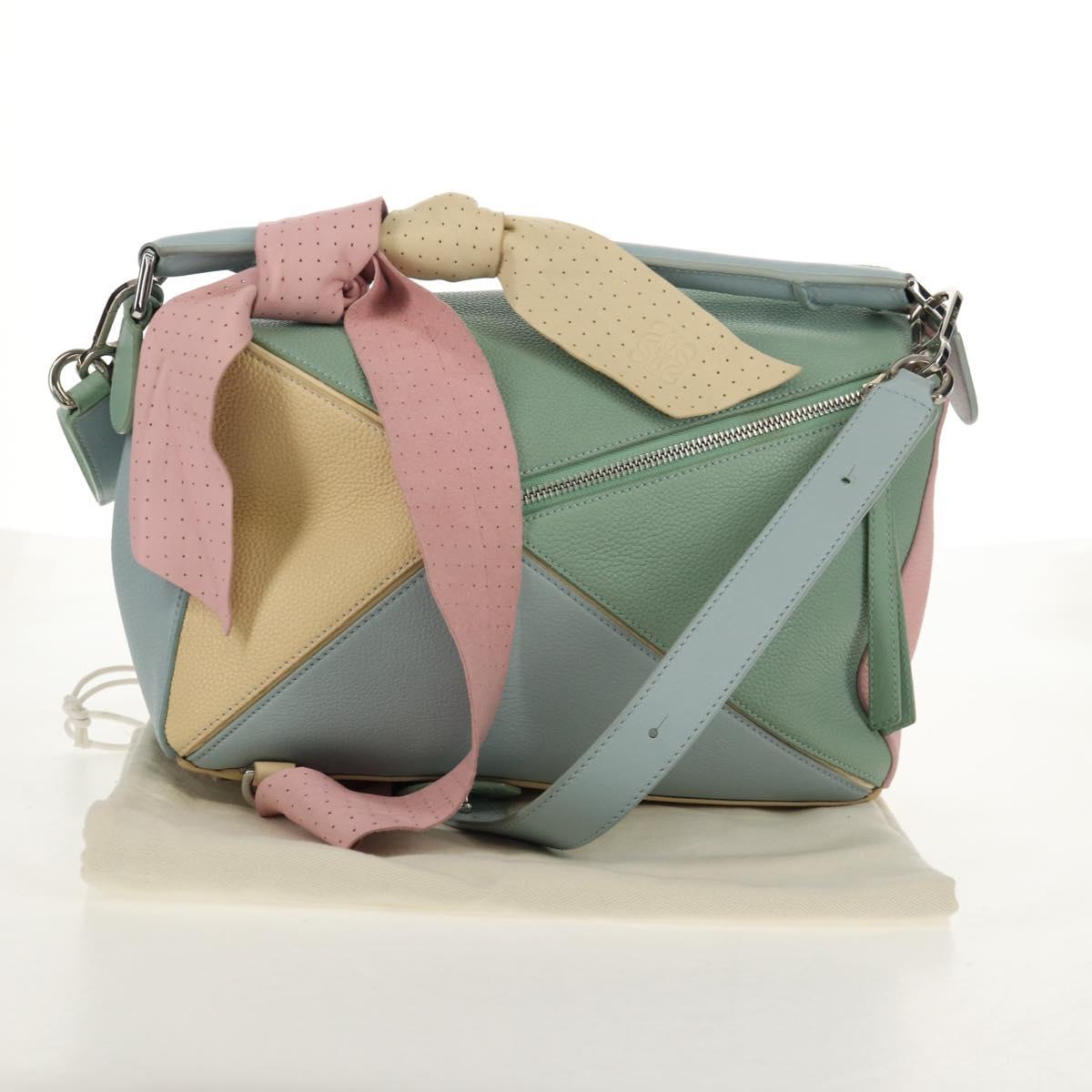 LOEWE Puzzle bag Medium Hand Bag Leather 2way Light Blue Silver Auth 154922SAM