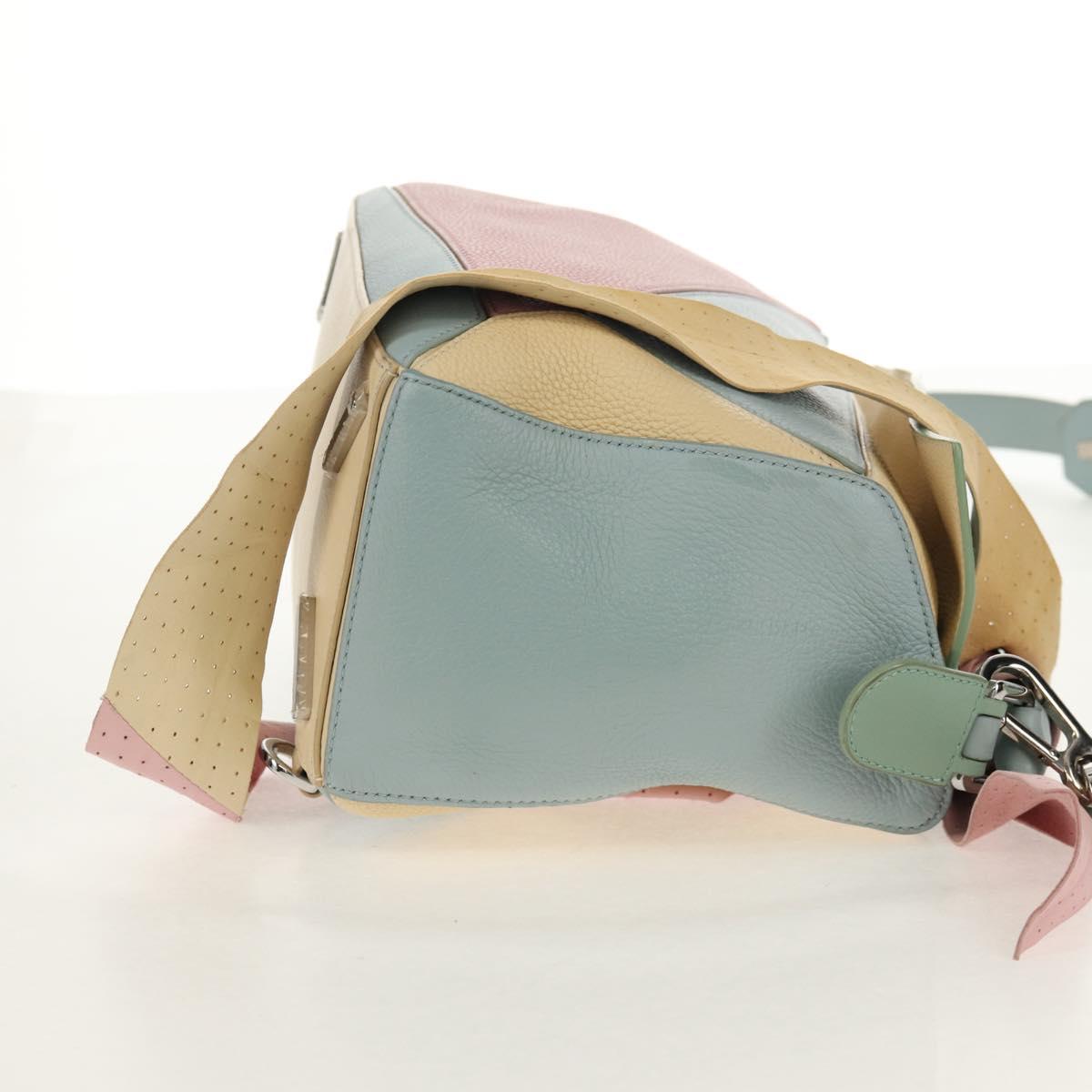 LOEWE Puzzle bag Medium Hand Bag Leather 2way Light Blue Silver Auth 154922SAM