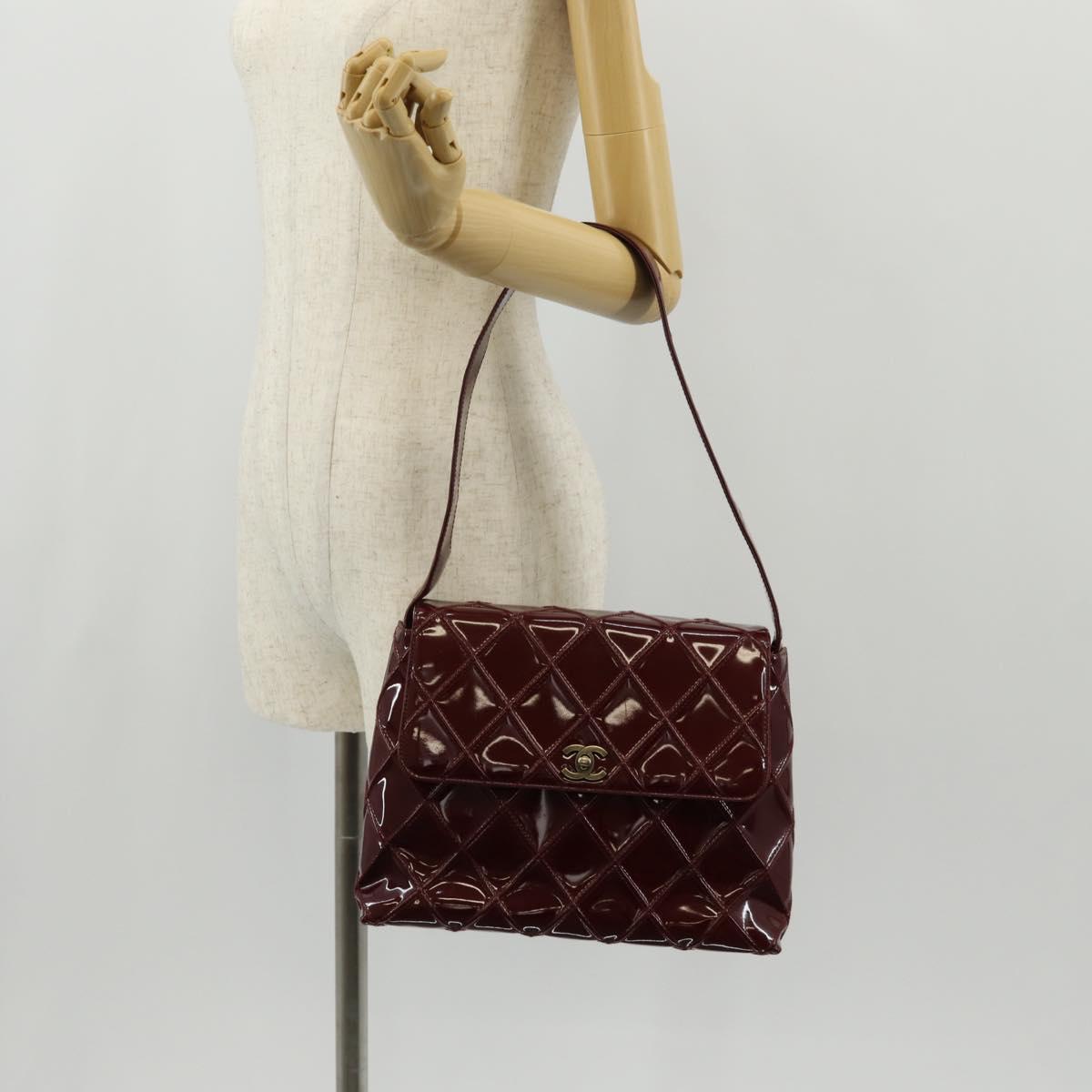 CHANEL Bicolore Shoulder Bag Patent leather Red CC Auth 154927V