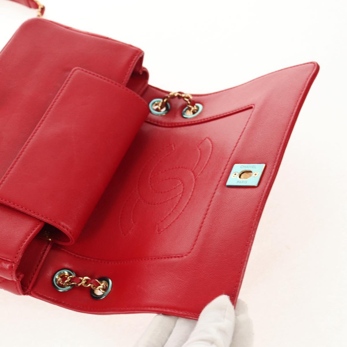 CHANEL Matelasse Mademoiselle Chain Bag Lamb Skin Red Gold CC Auth 154928V