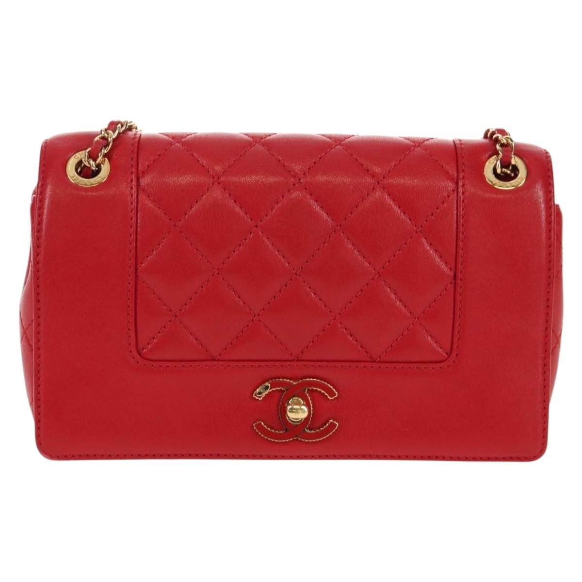CHANEL Matelasse Mademoiselle Chain Bag Lamb Skin Red Gold CC Auth 154928V