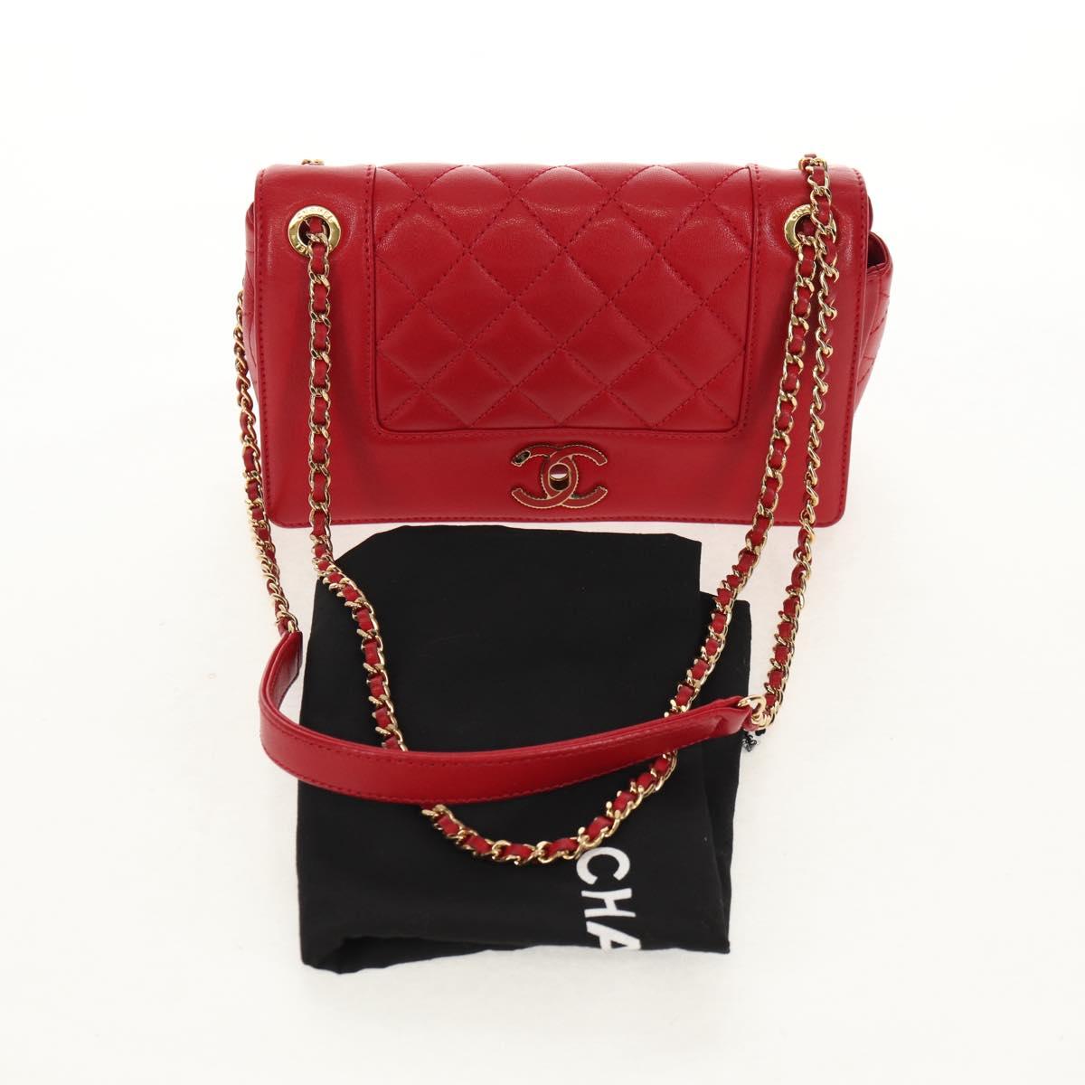 CHANEL Matelasse Mademoiselle Chain Bag Lamb Skin Red Gold CC Auth 154928V