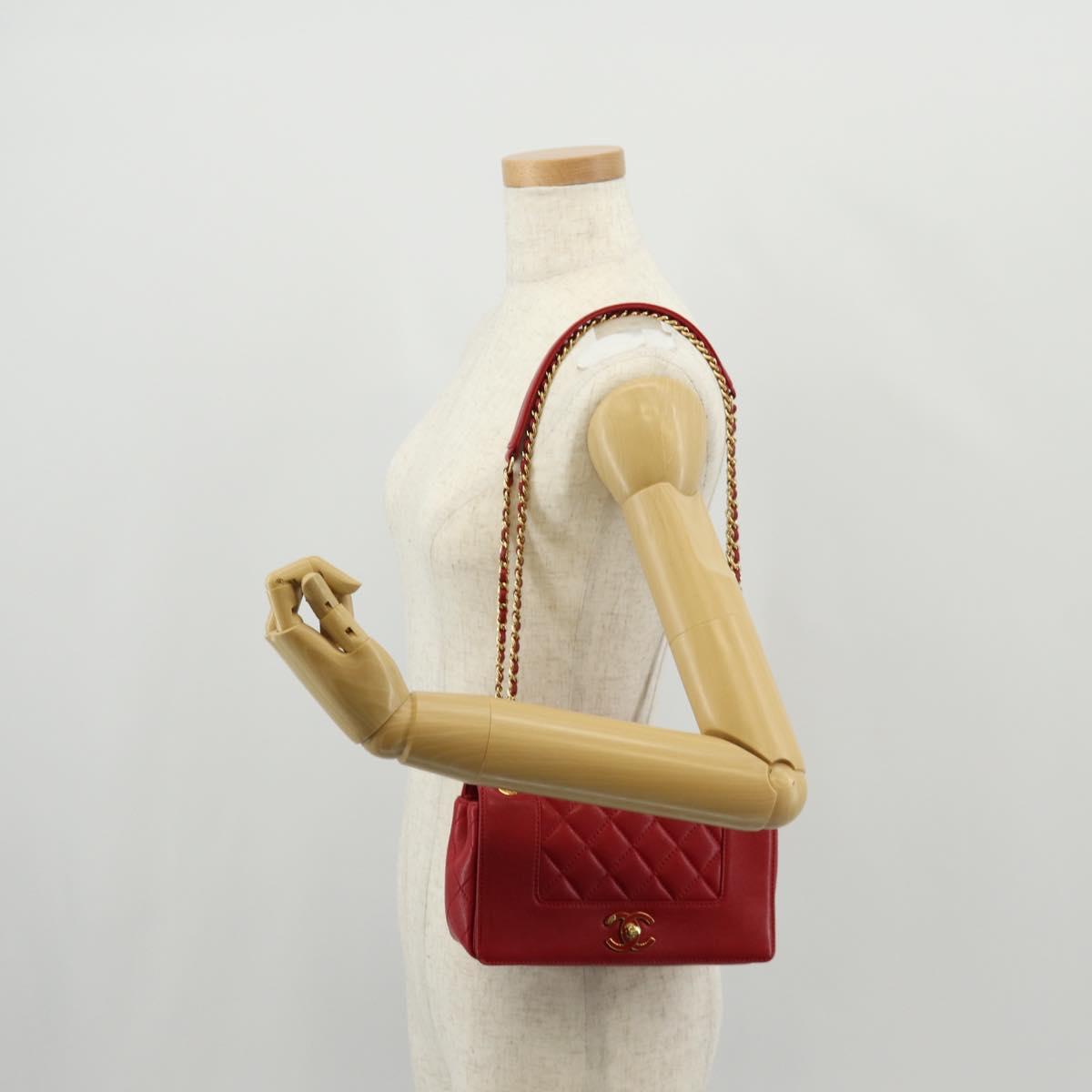 CHANEL Matelasse Mademoiselle Chain Bag Lamb Skin Red Gold CC Auth 154928V