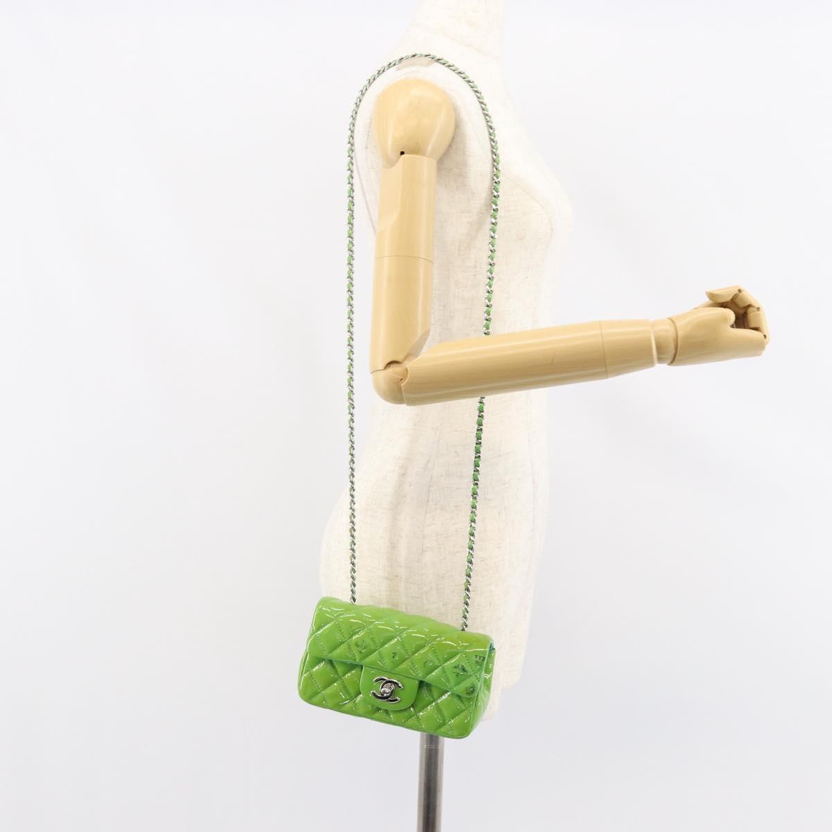 CHANEL Extra Mini Matelasse Chain Bag Patent leather Green Silver CC Auth 154929