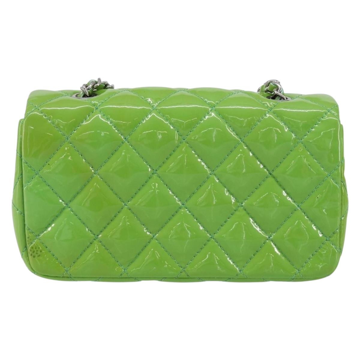 CHANEL Extra Mini Matelasse Chain Bag Patent leather Green Silver CC Auth 154929