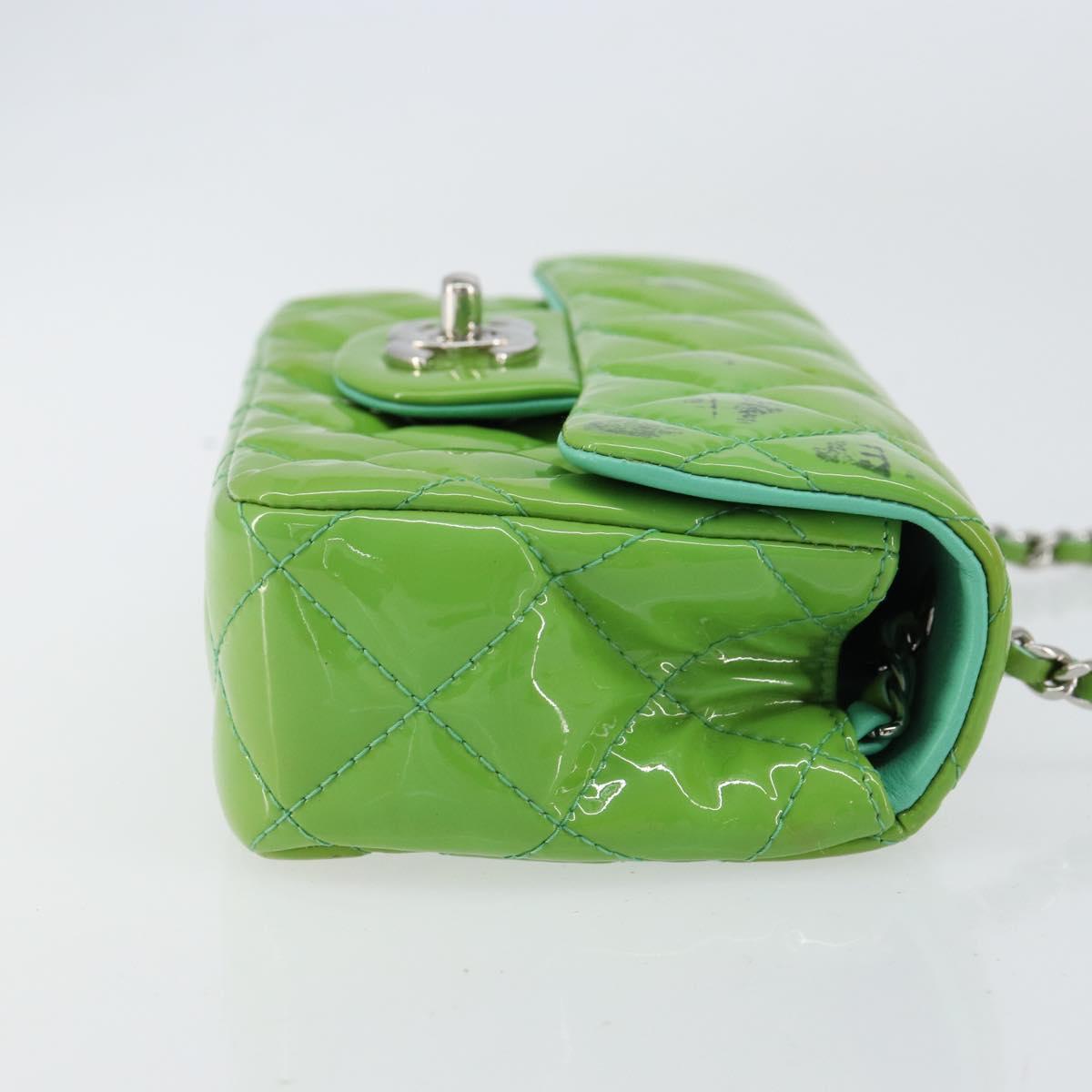 CHANEL Extra Mini Matelasse Chain Bag Patent leather Green Silver CC Auth 154929