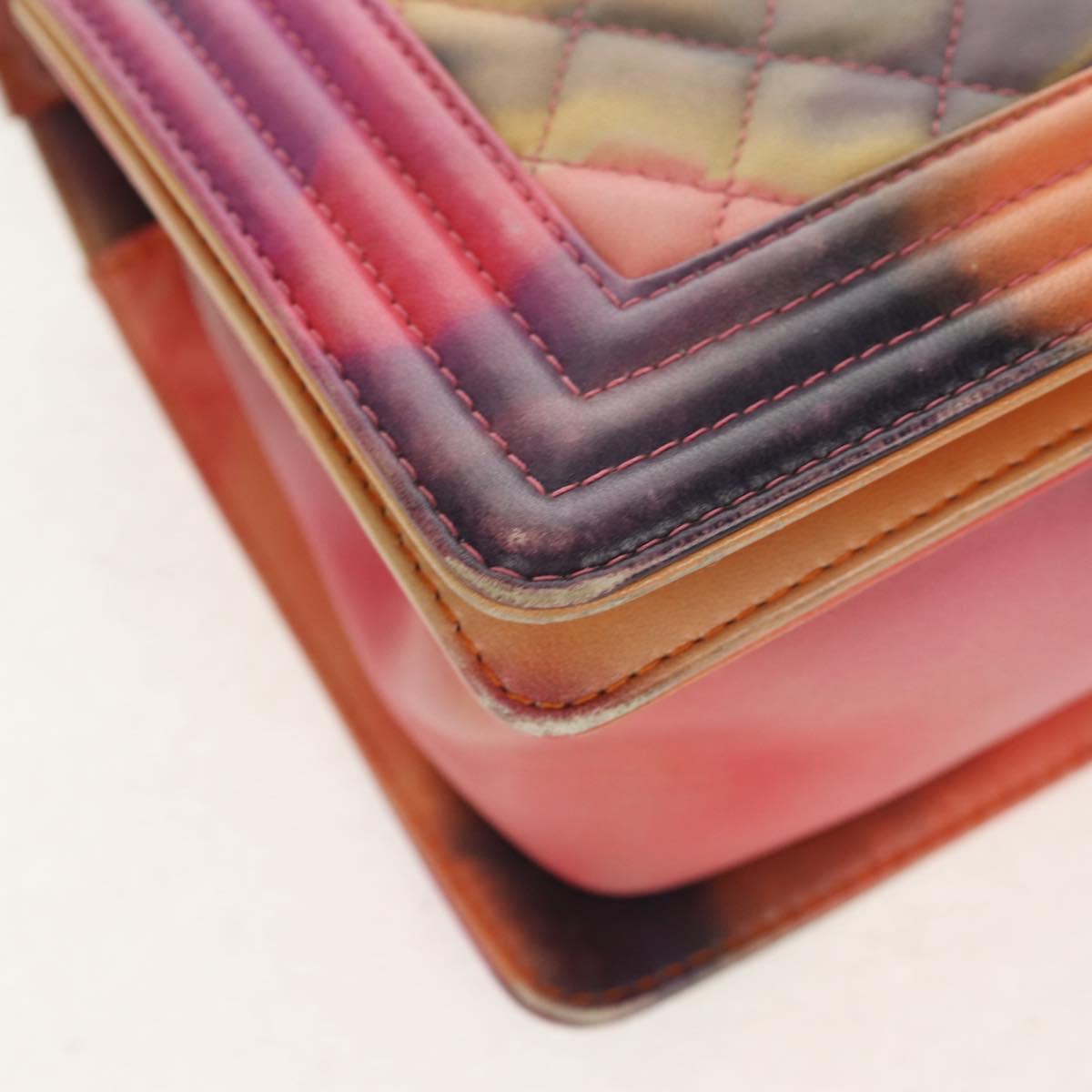 CHANEL Boy Chanel Medium Chain Bag Lamb Skin Orange Silver CC Auth 154930V