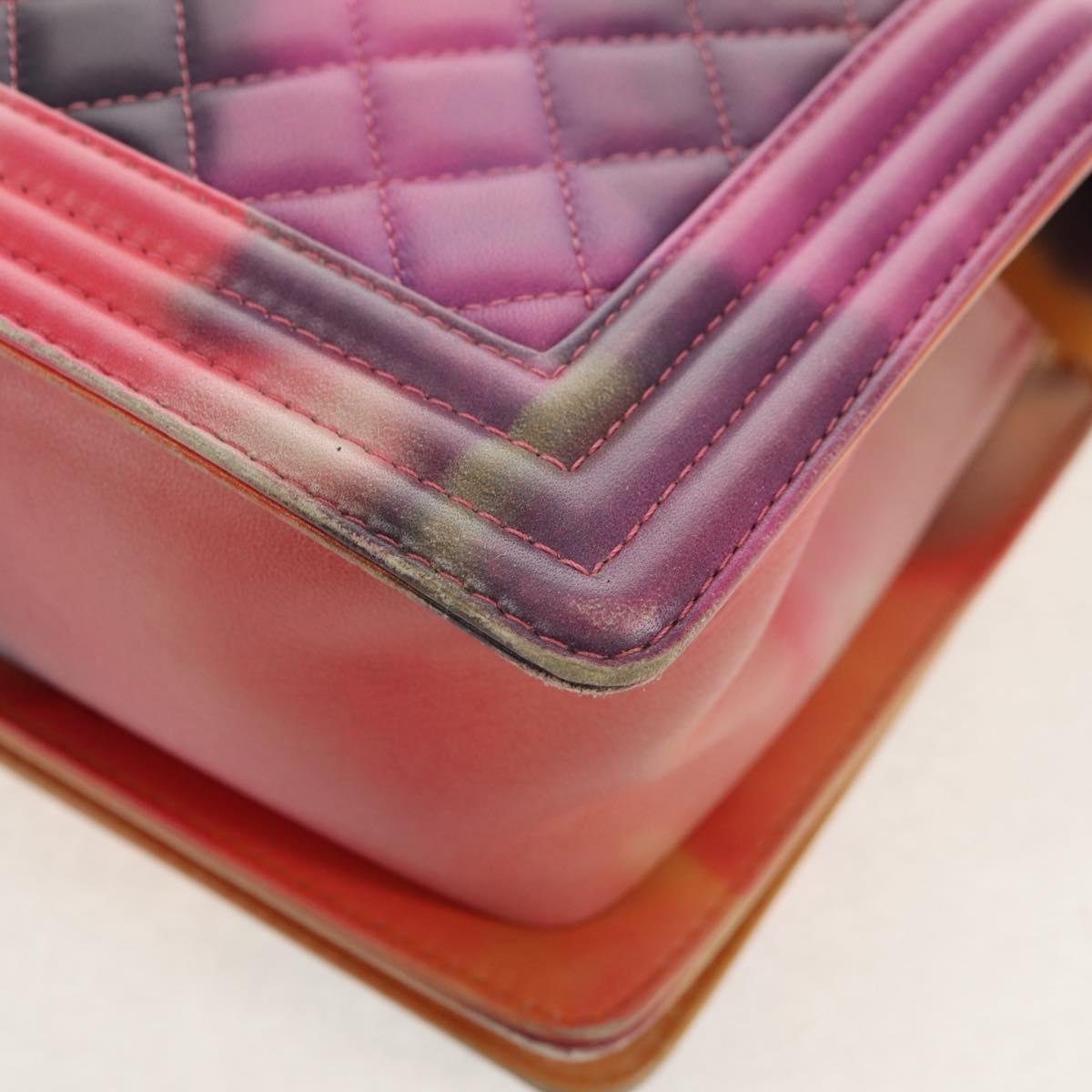 CHANEL Boy Chanel Medium Chain Bag Lamb Skin Orange Silver CC Auth 154930V