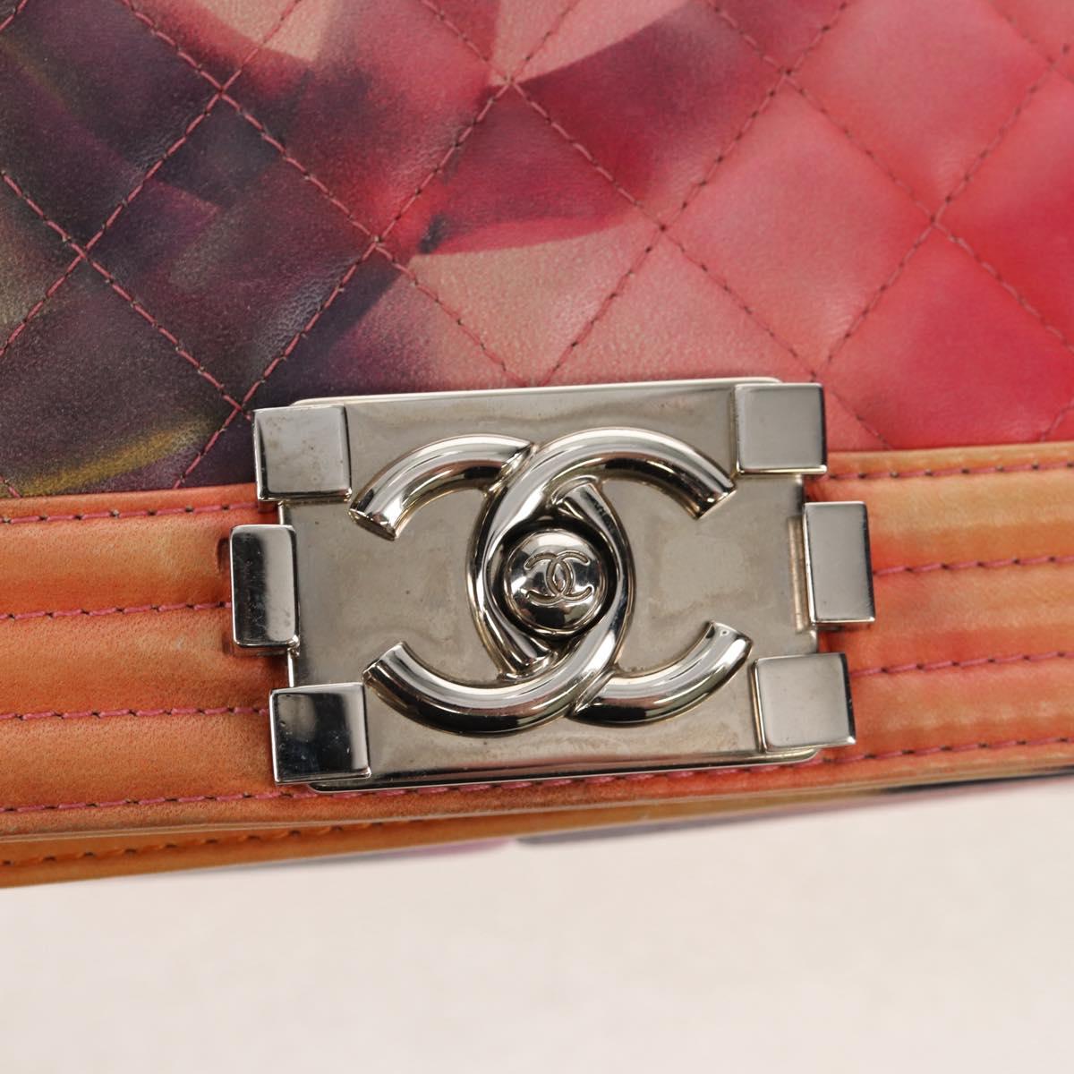 CHANEL Boy Chanel Medium Chain Bag Lamb Skin Orange Silver CC Auth 154930V