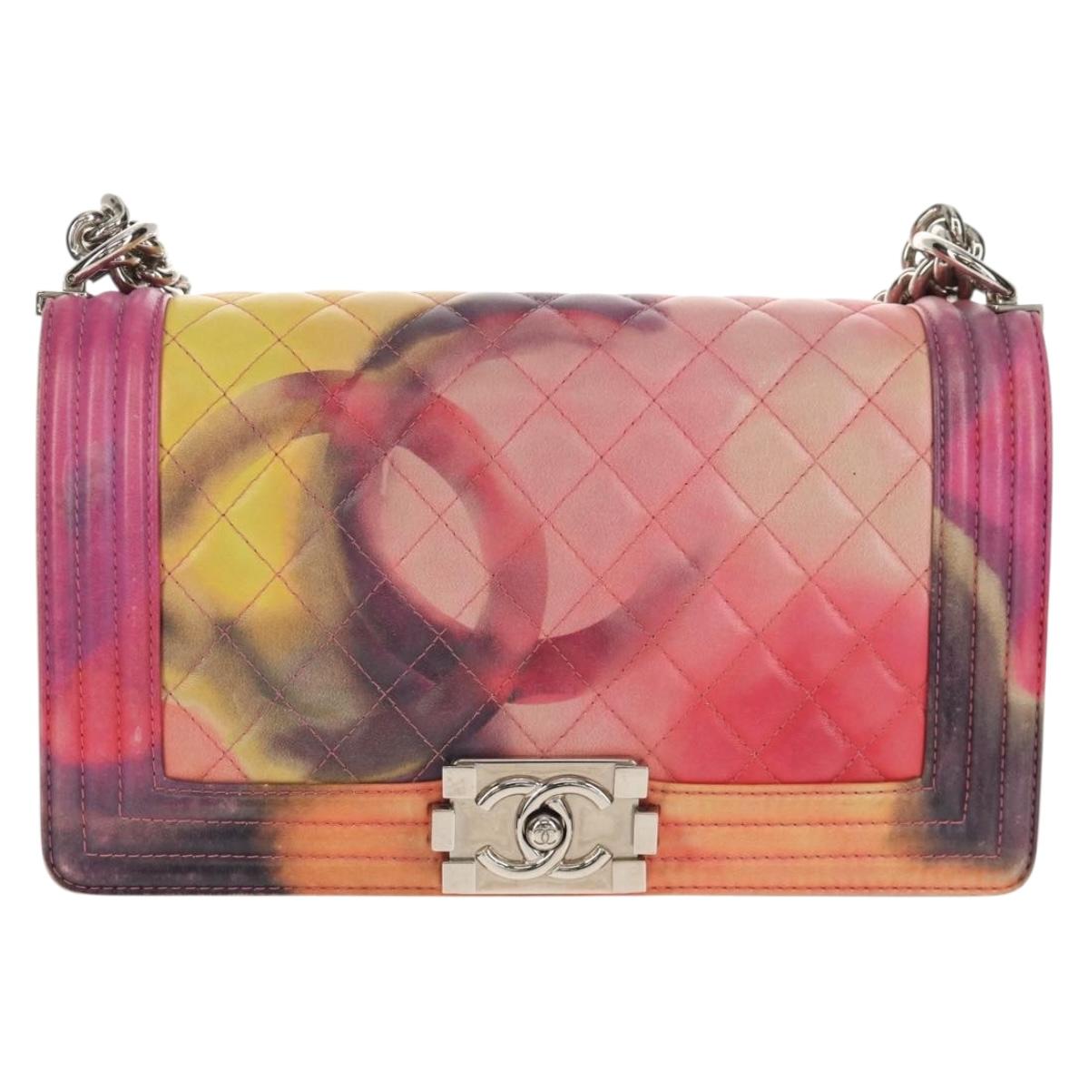 CHANEL Boy Chanel Medium Chain Bag Lamb Skin Orange Silver CC Auth 154930V