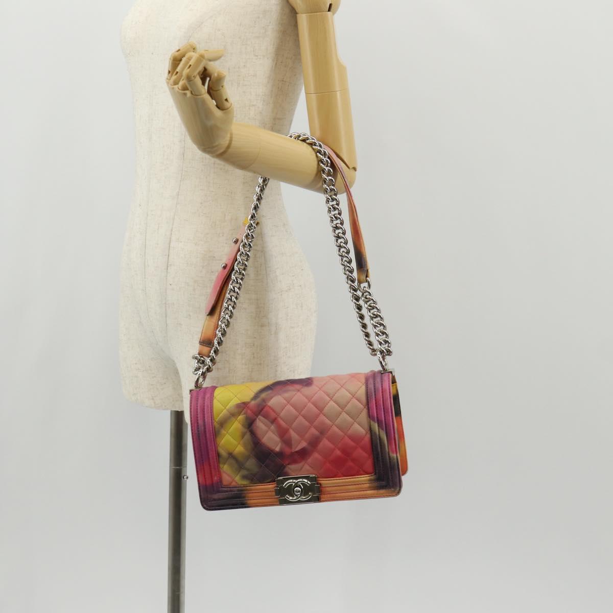 CHANEL Boy Chanel Medium Chain Bag Lamb Skin Orange Silver CC Auth 154930V