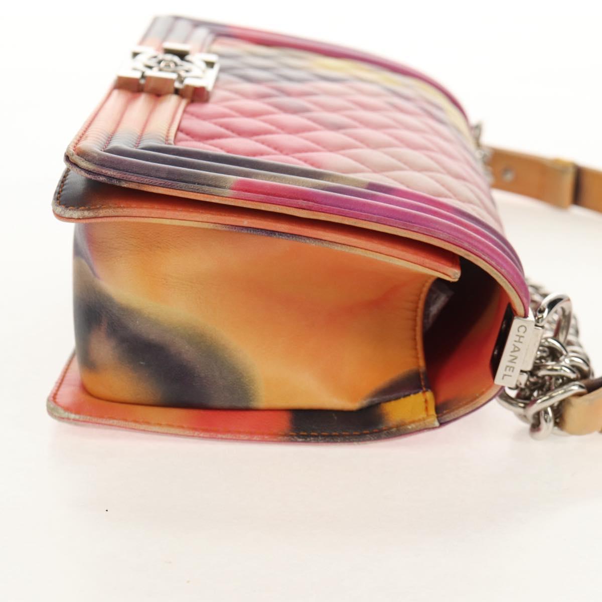 CHANEL Boy Chanel Medium Chain Bag Lamb Skin Orange Silver CC Auth 154930V