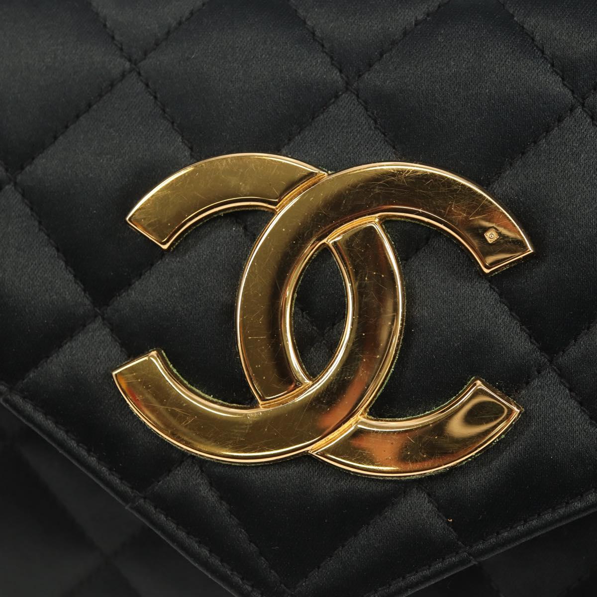 CHANEL Matelasse Chain Shoulder Bag Satin Black Gold CC Auth 154932SAV