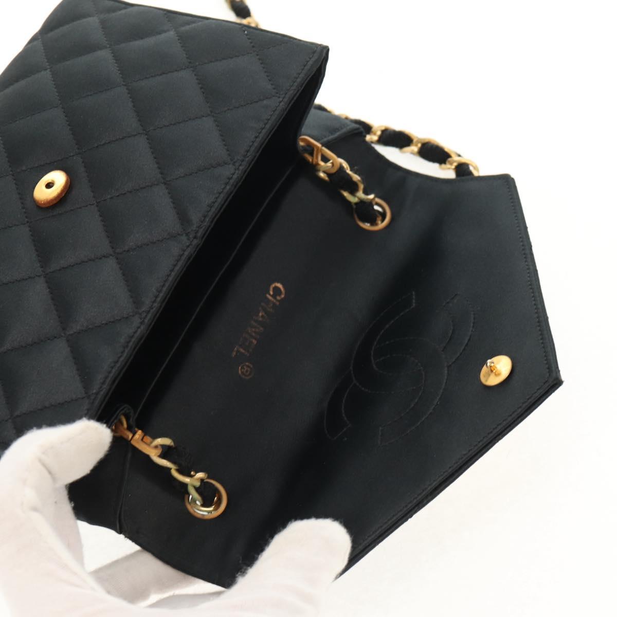 CHANEL Matelasse Chain Shoulder Bag Satin Black Gold CC Auth 154932SAV