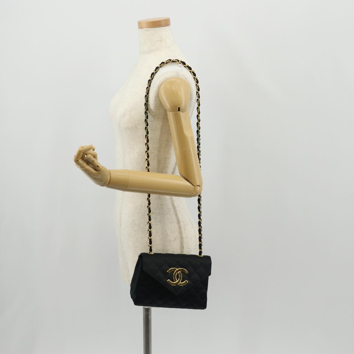 CHANEL Matelasse Chain Shoulder Bag Satin Black Gold CC Auth 154932SAV