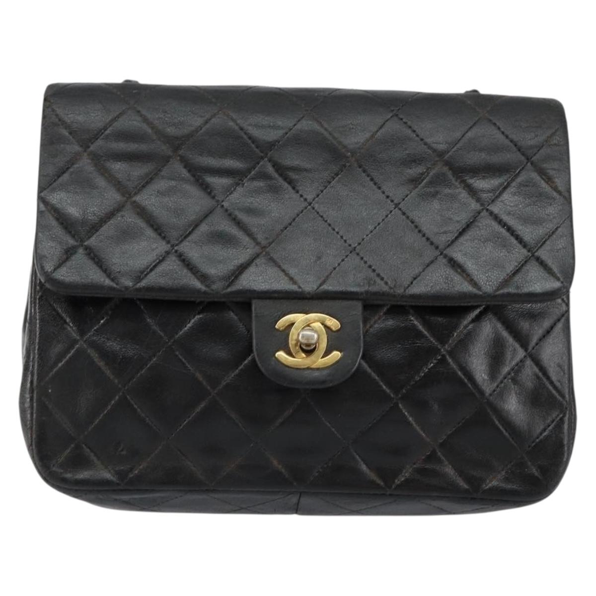 CHANEL Mini Matelasse Chain Shoulder Bag Leather Black Gold CC Auth 154933