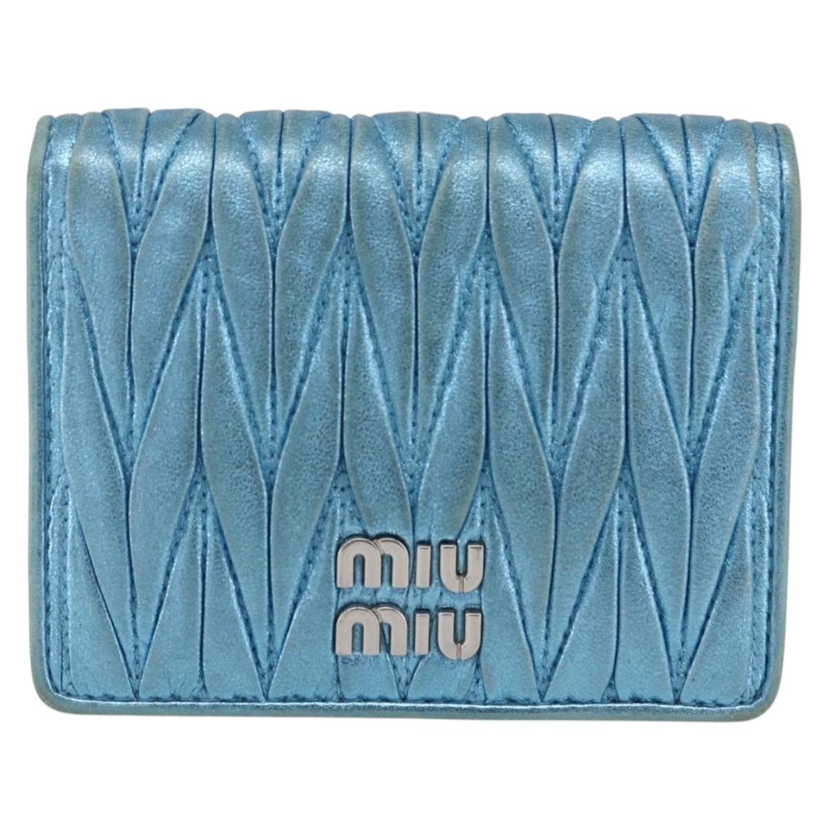 Miu Miu Matelasse Wallet Leather Blue Silver Auth 154966