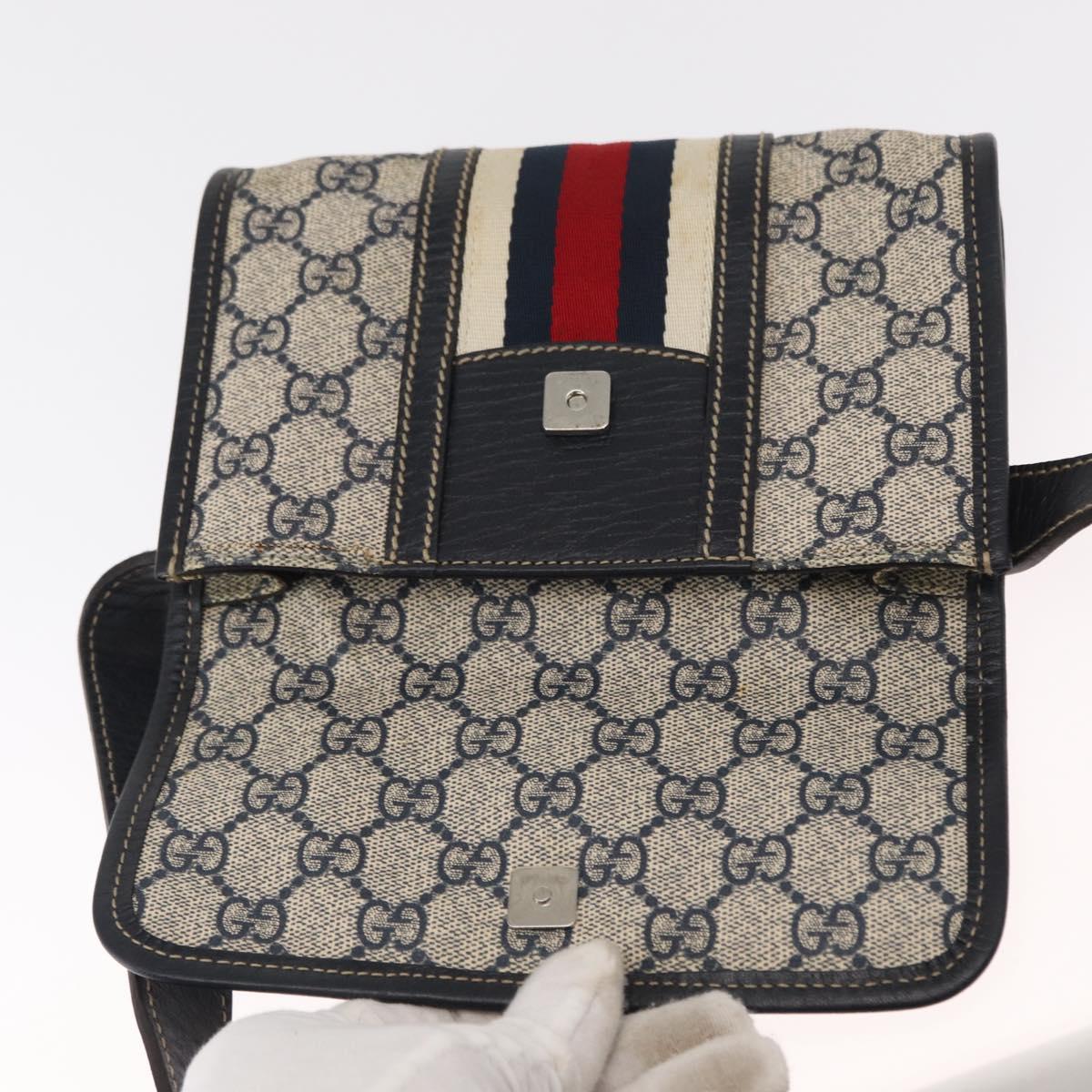GUCCI GG Supreme Sherry Line Waist Bag PVC Navy Silver 152597 Auth 155059