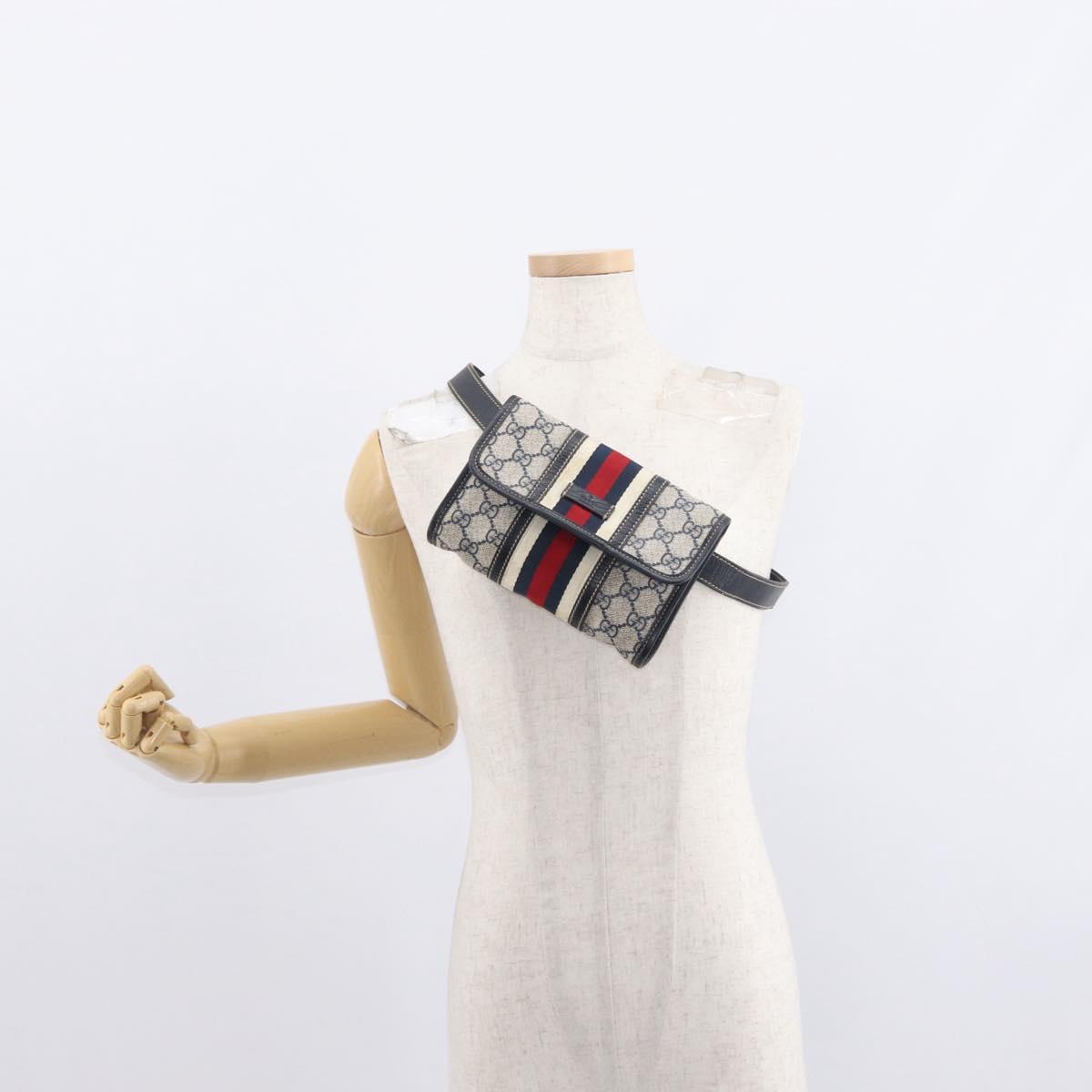 GUCCI GG Supreme Sherry Line Waist Bag PVC Navy Silver 152597 Auth 155059