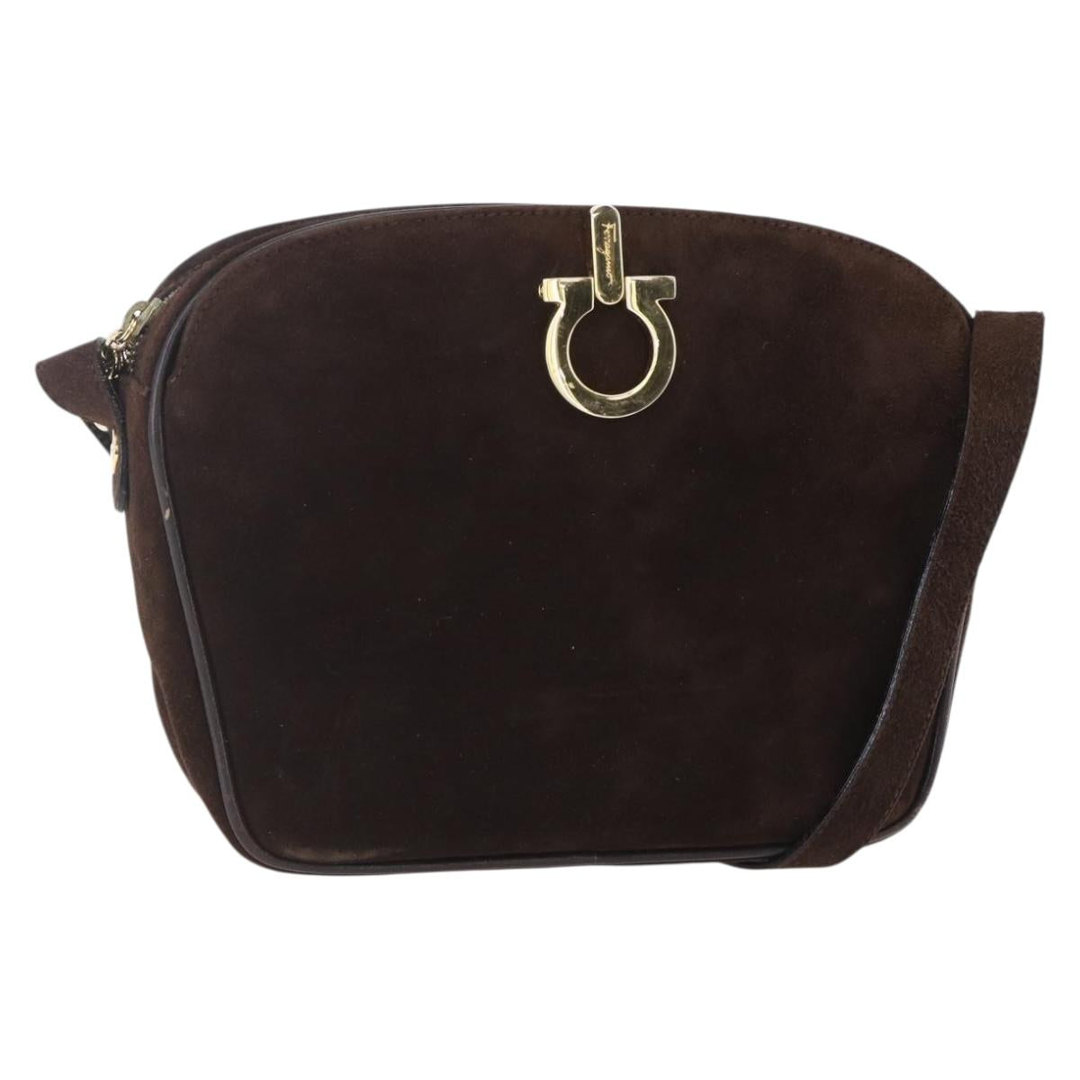 Salvatore Ferragamo Gancini Shoulder Bag Suede Brown Gold Auth 155065
