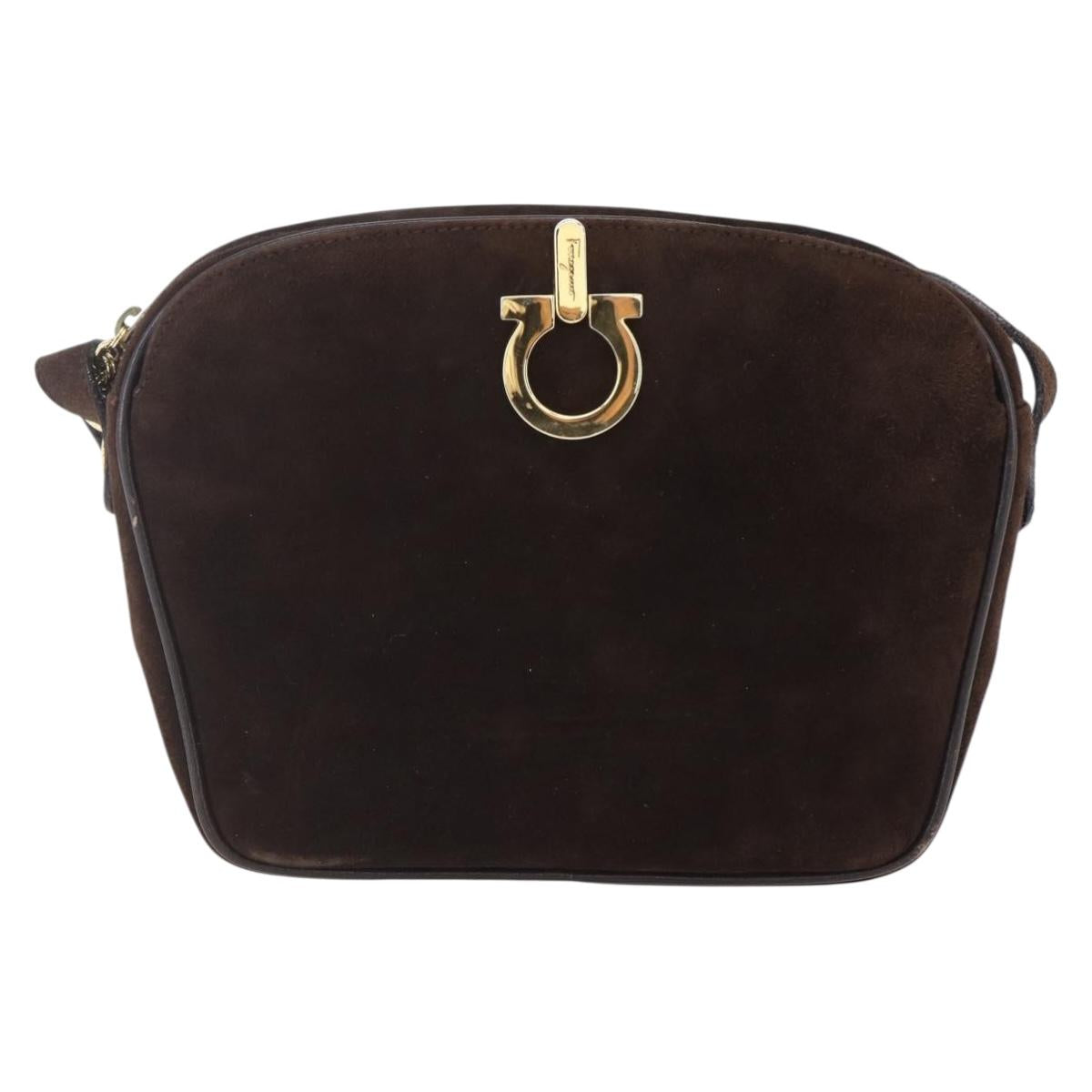 Salvatore Ferragamo Gancini Shoulder Bag Suede Brown Gold Auth 155065