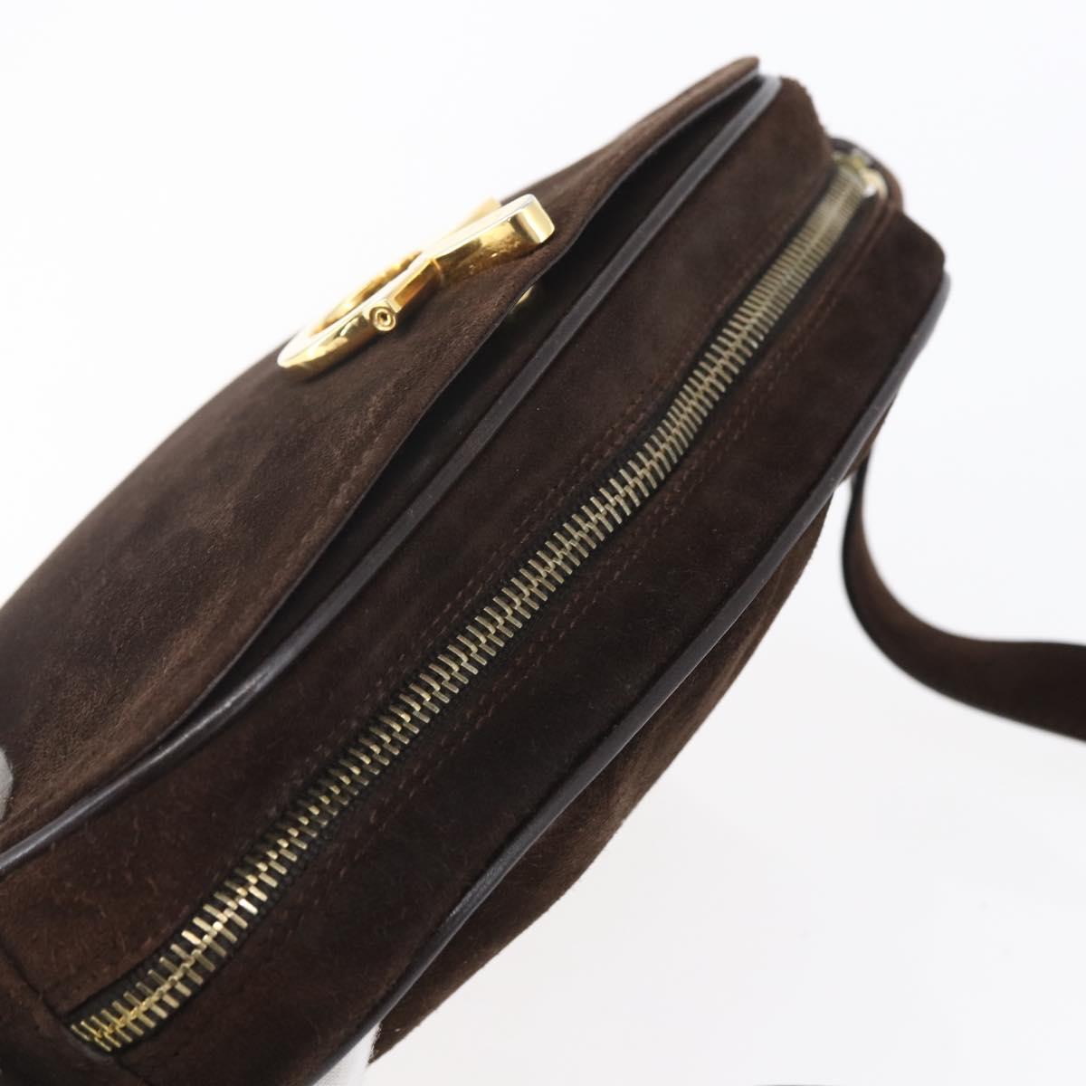 Salvatore Ferragamo Gancini Shoulder Bag Suede Brown Gold Auth 155065