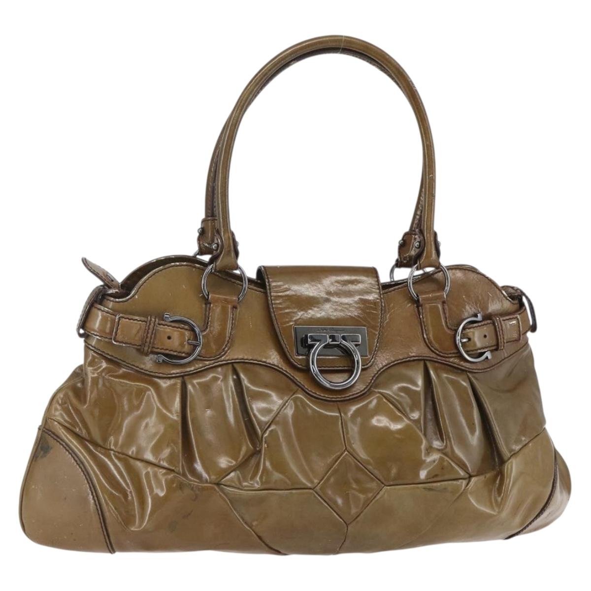 Salvatore Ferragamo Gancini Shoulder Bag Enamel Brown Silver Auth 155066