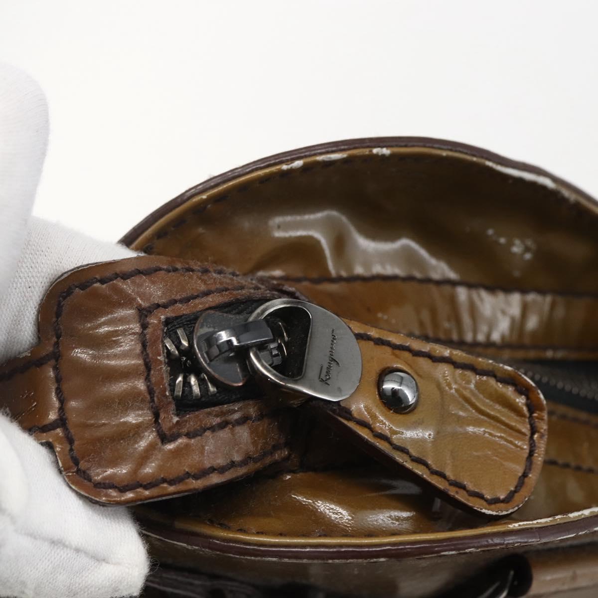 Salvatore Ferragamo Gancini Shoulder Bag Enamel Brown Silver Auth 155066