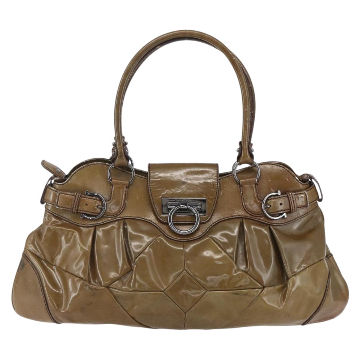 Salvatore Ferragamo Gancini Shoulder Bag Enamel Brown Silver Auth 155066