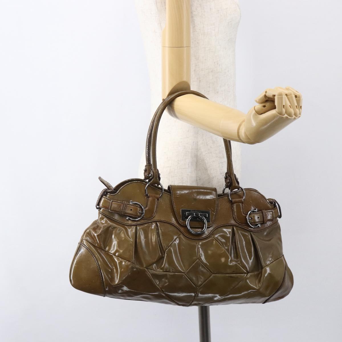 Salvatore Ferragamo Gancini Shoulder Bag Enamel Brown Silver Auth 155066