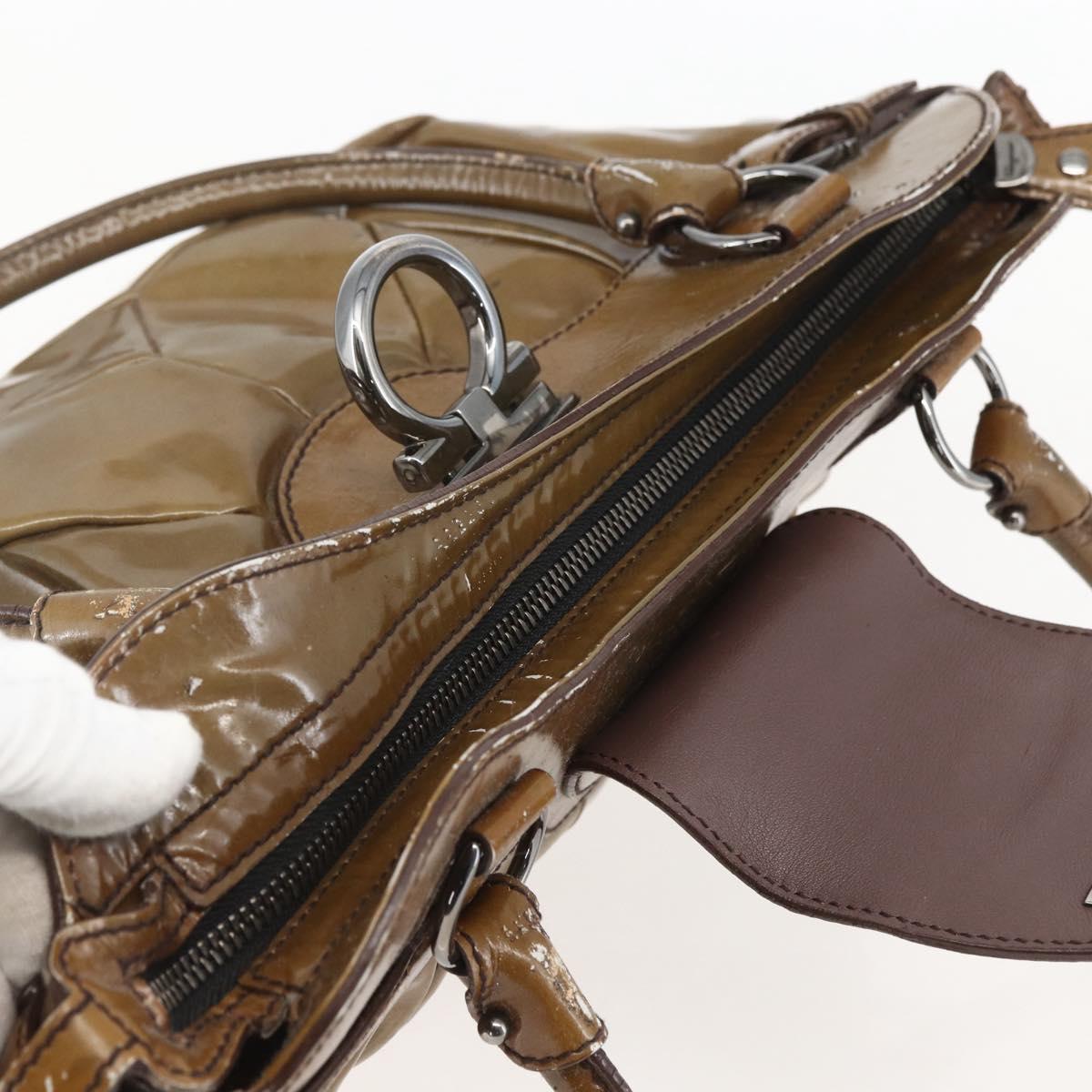 Salvatore Ferragamo Gancini Shoulder Bag Enamel Brown Silver Auth 155066