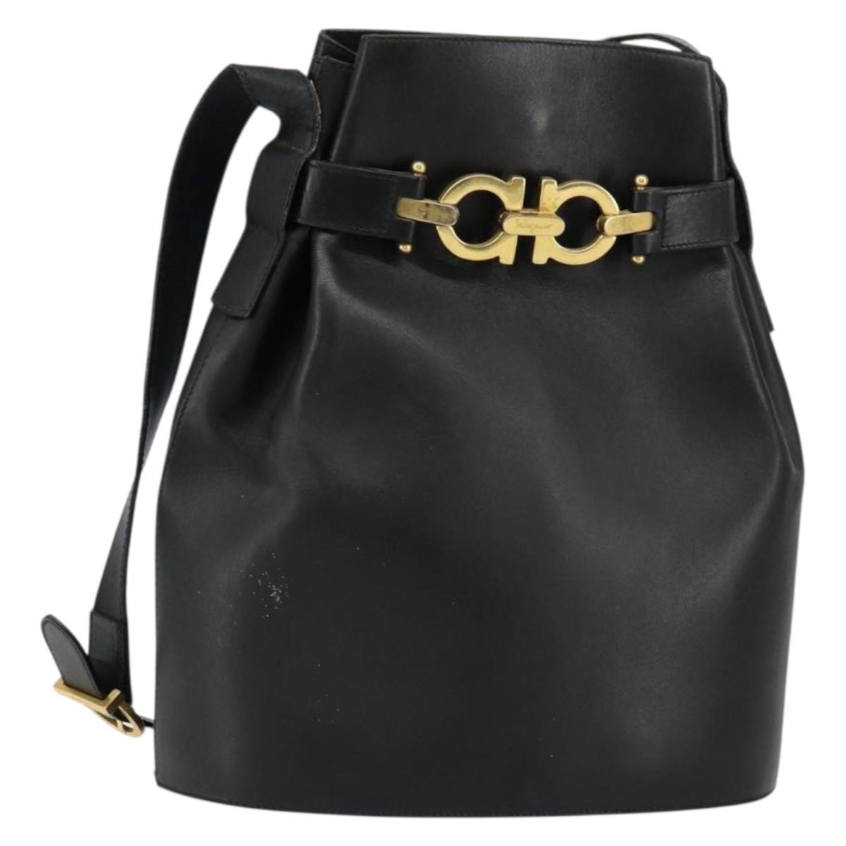 Salvatore Ferragamo Gancini Shoulder Bag Leather Black Gold Auth 155067