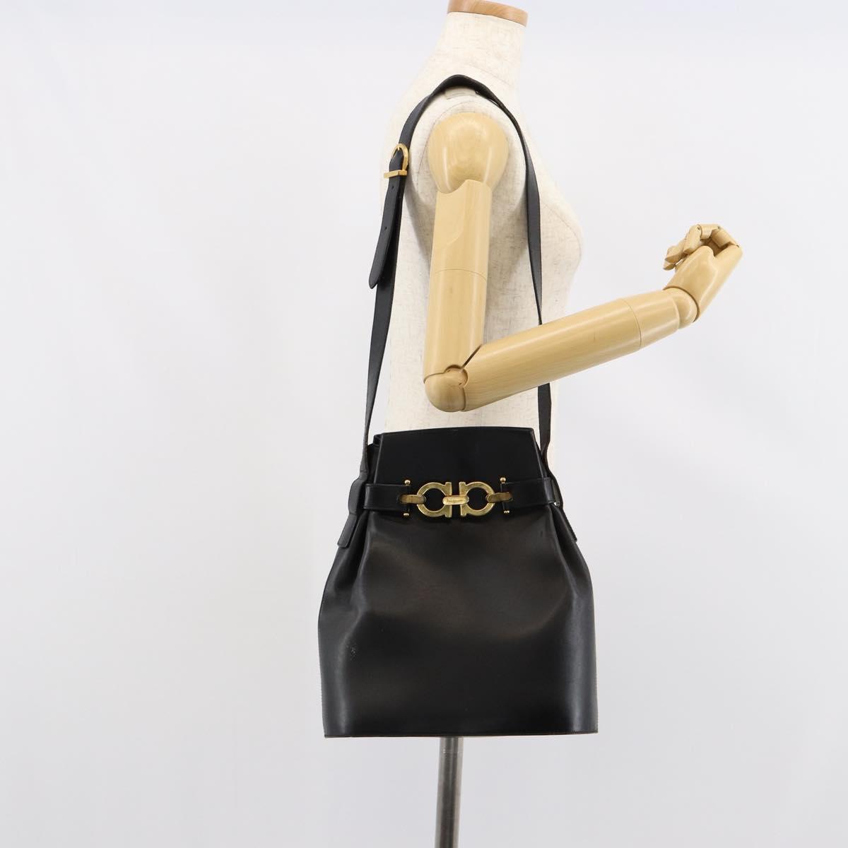 Salvatore Ferragamo Gancini Shoulder Bag Leather Black Gold Auth 155067