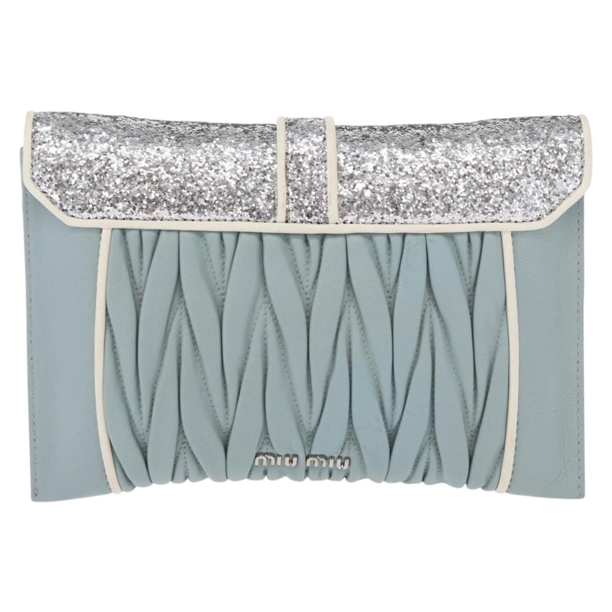 Miu Miu Matelasse Chain Shoulder Bag Leather Light Blue Silver Auth 155072