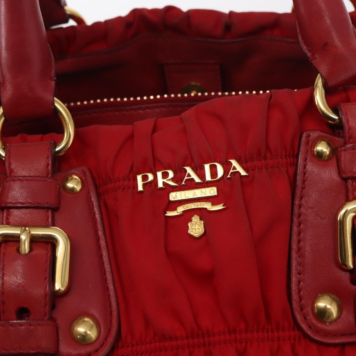PRADA Hand Bag Nylon Leather 2way Red Gold Auth 155077