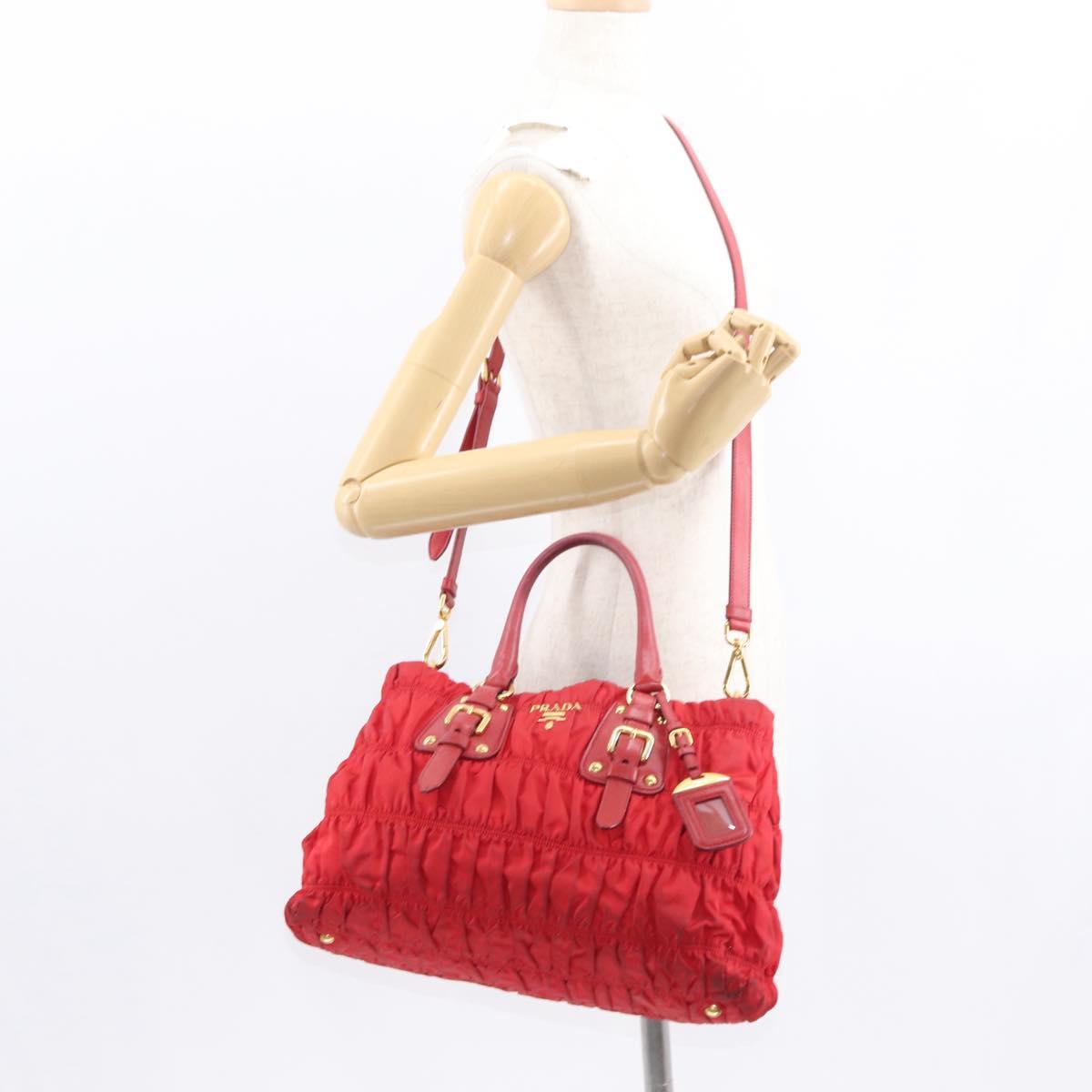 PRADA Hand Bag Nylon Leather 2way Red Gold Auth 155077