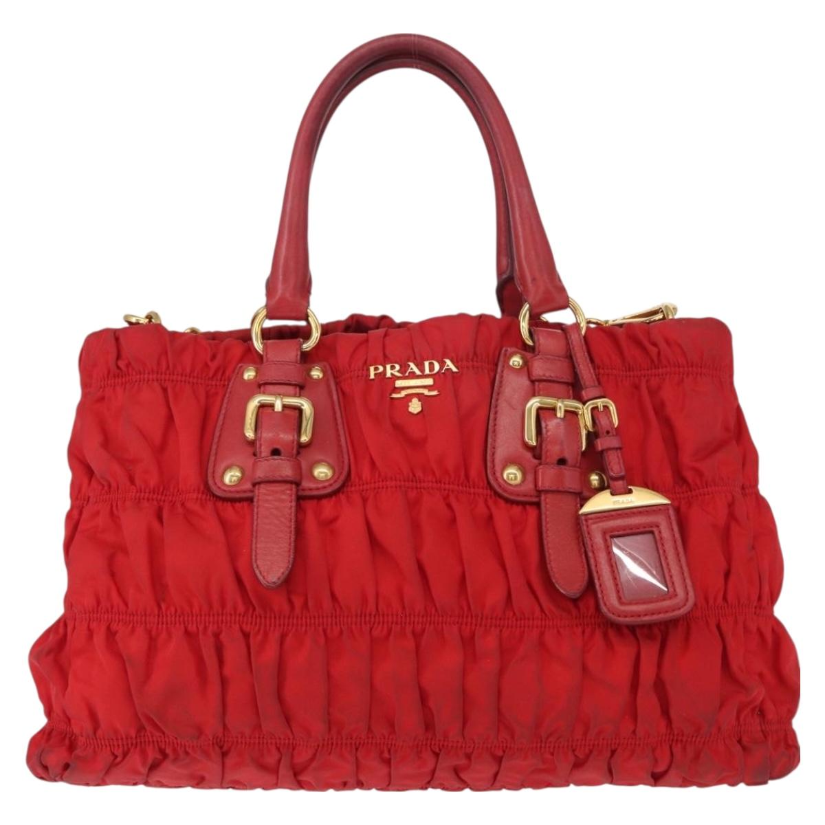 PRADA Hand Bag Nylon Leather 2way Red Gold Auth 155077