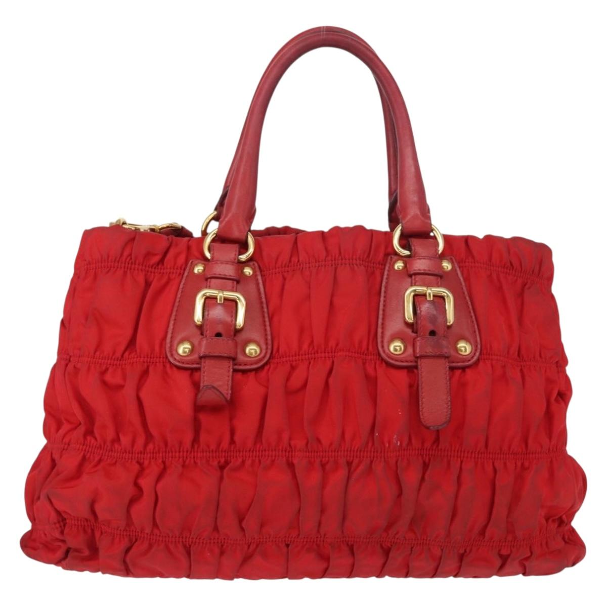PRADA Hand Bag Nylon Leather 2way Red Gold Auth 155077
