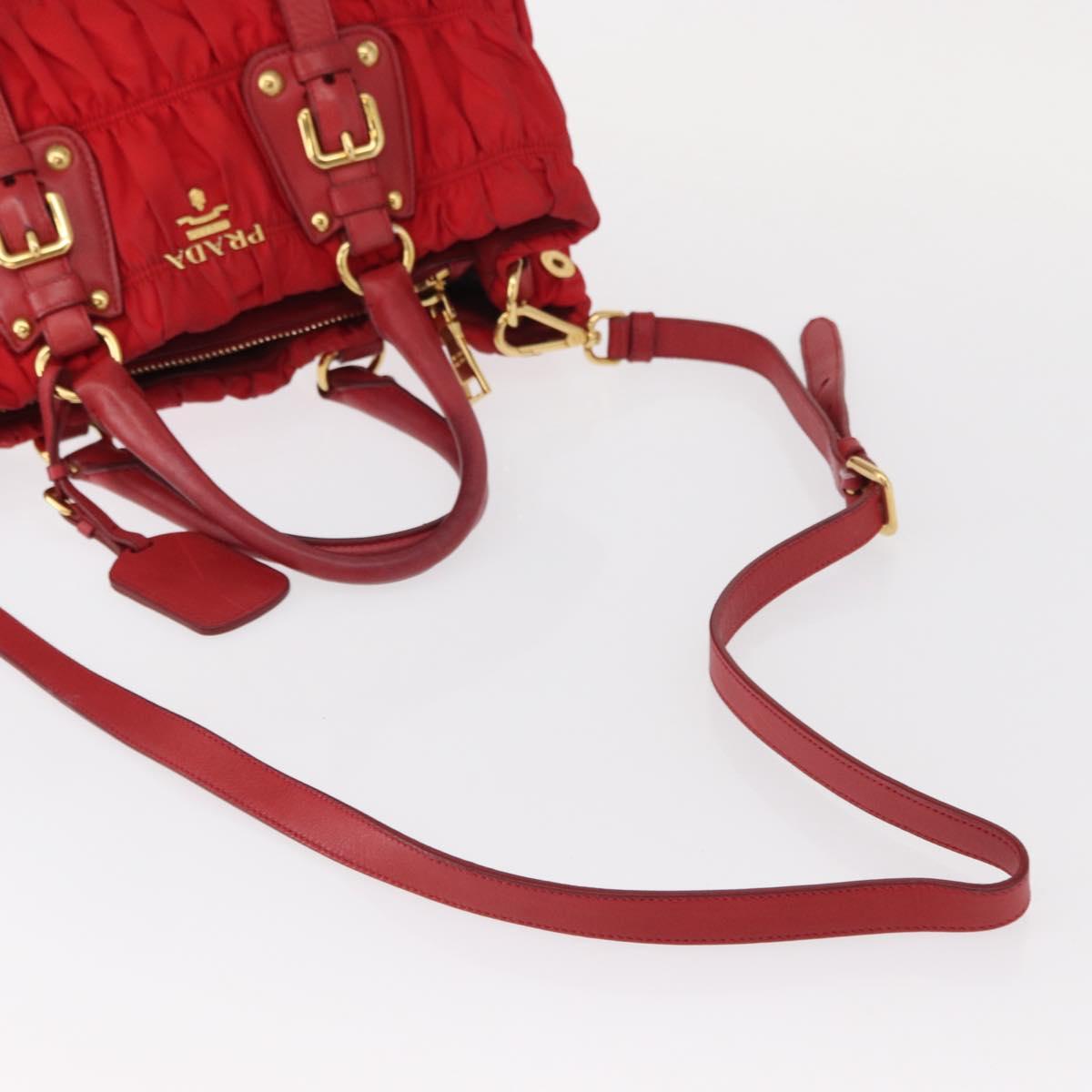 PRADA Hand Bag Nylon Leather 2way Red Gold Auth 155077