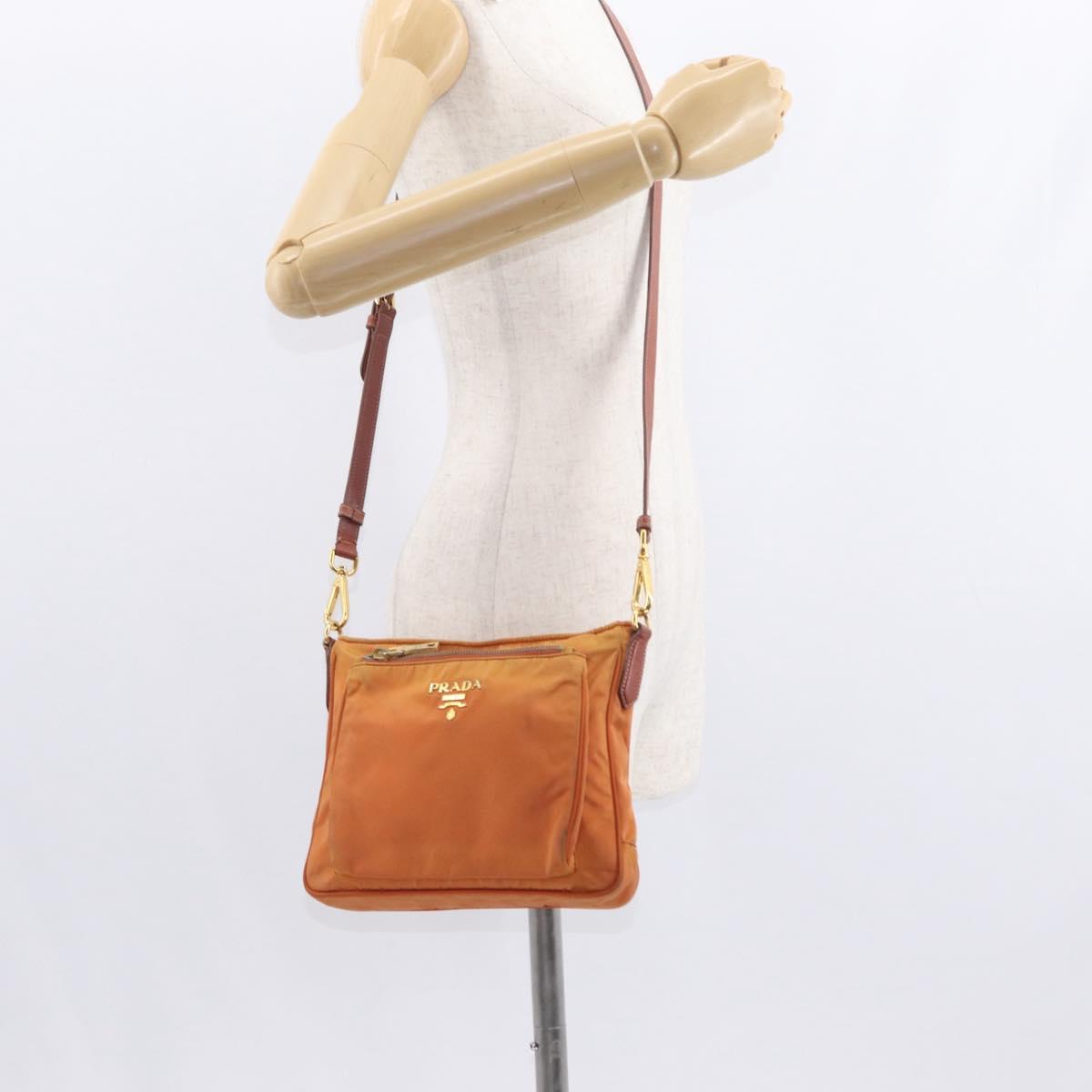 PRADA Shoulder Bag Nylon Leather Orange Gold Auth 155084