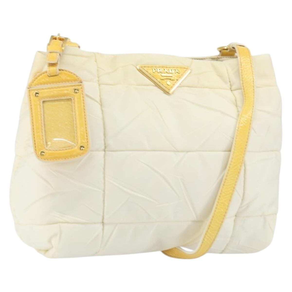 PRADA Shoulder Bag Nylon Enamel Beige Yellow gold Auth 155087