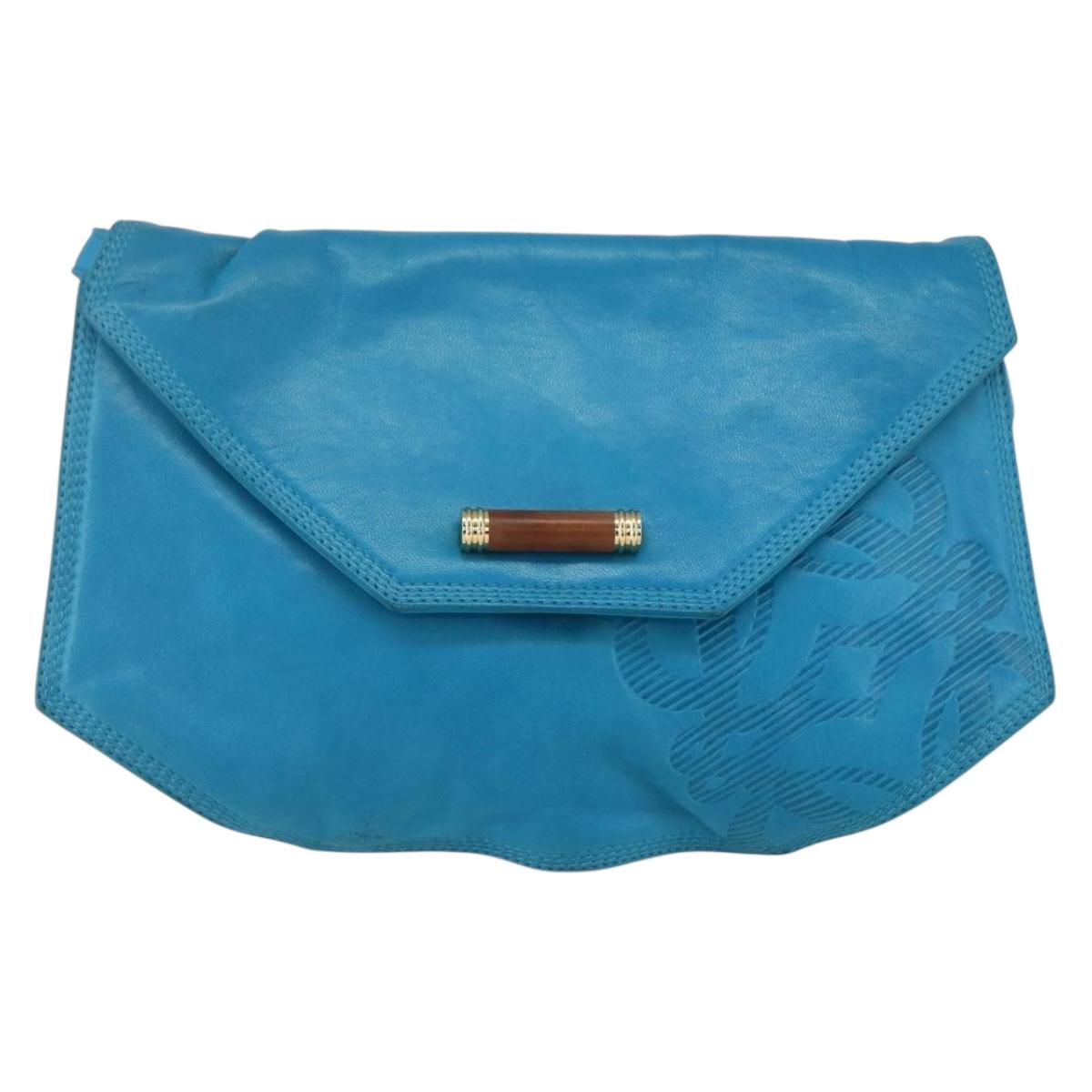 LOEWE Shoulder Bag Leather Turquoise Blue Gold Auth 155089