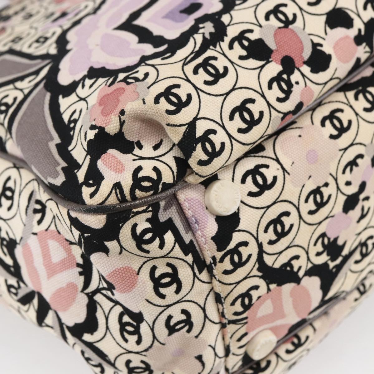 CHANEL Tote Bag Canvas Leather Beige Silver CC Auth 155092