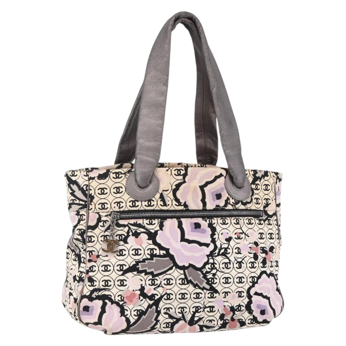 CHANEL Tote Bag Canvas Leather Beige Silver CC Auth 155092