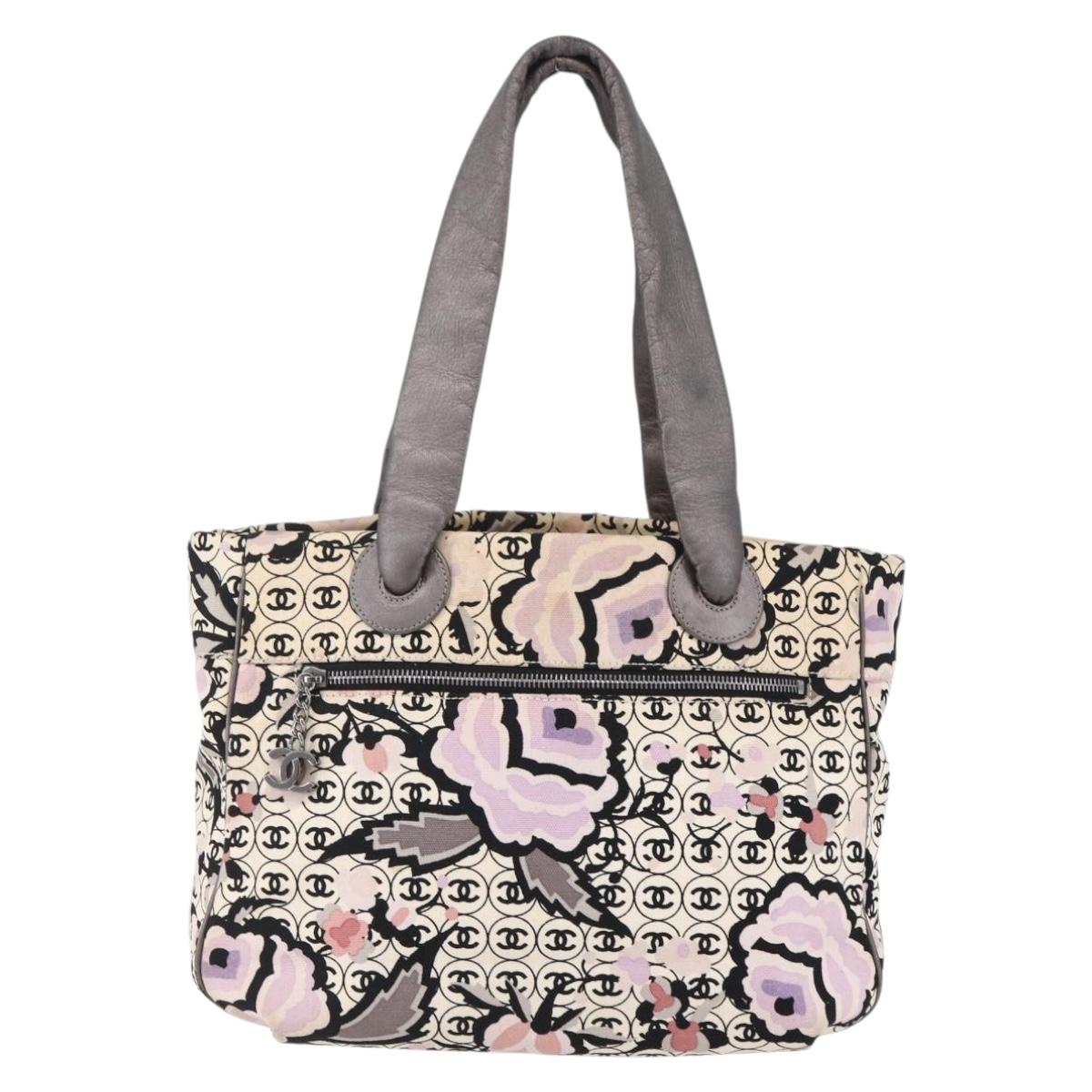 CHANEL Tote Bag Canvas Leather Beige Silver CC Auth 155092