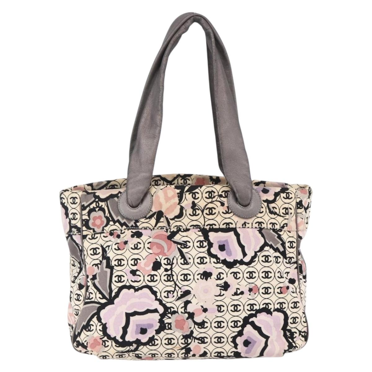 CHANEL Tote Bag Canvas Leather Beige Silver CC Auth 155092