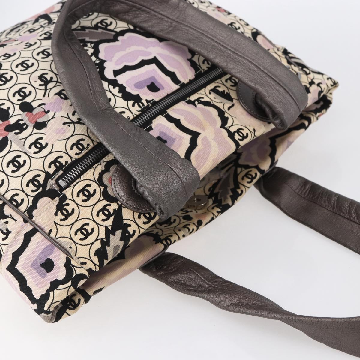 CHANEL Tote Bag Canvas Leather Beige Silver CC Auth 155092